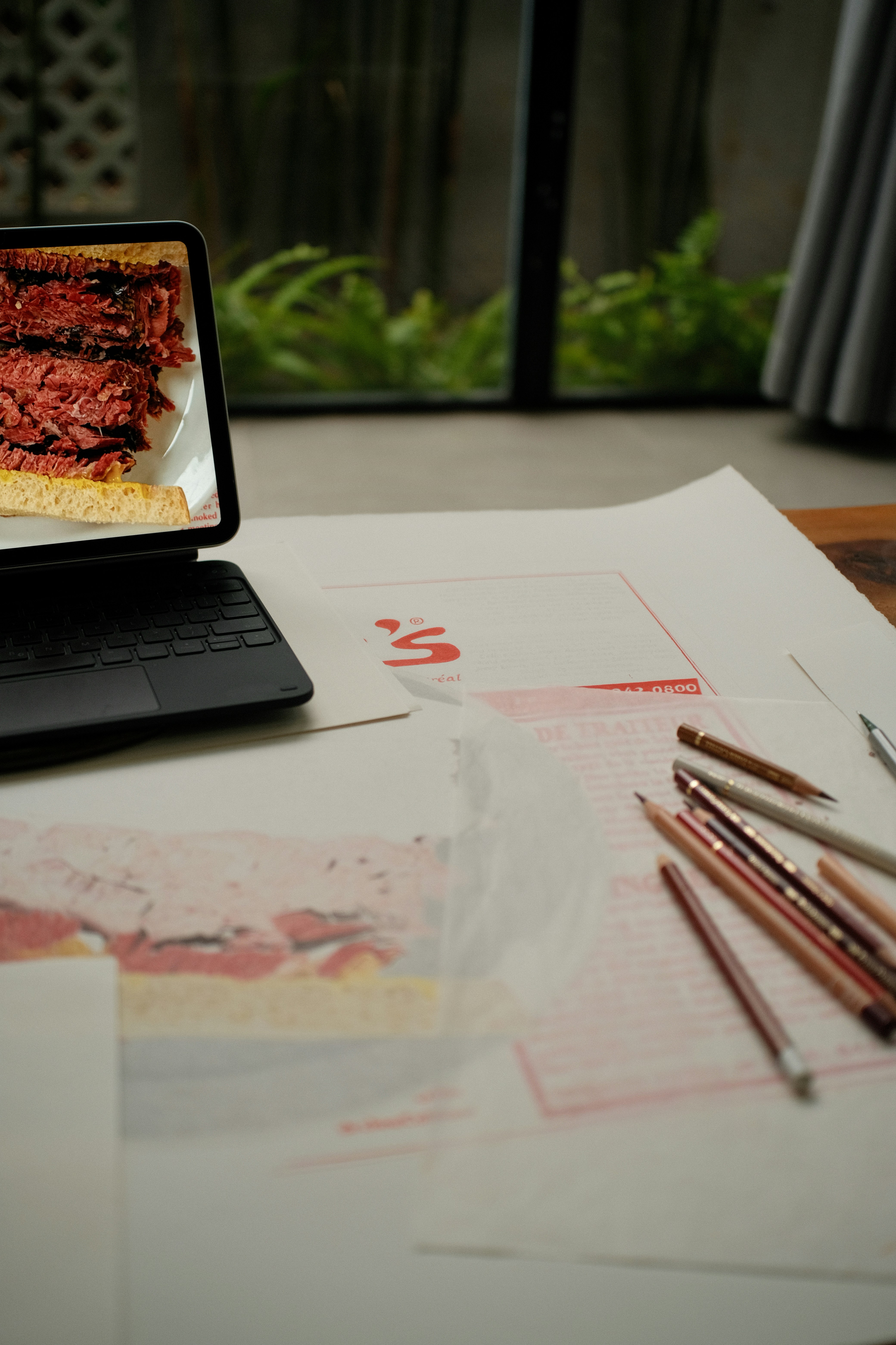 Laptop showing a sandwich, surrounded by papers and pencils.