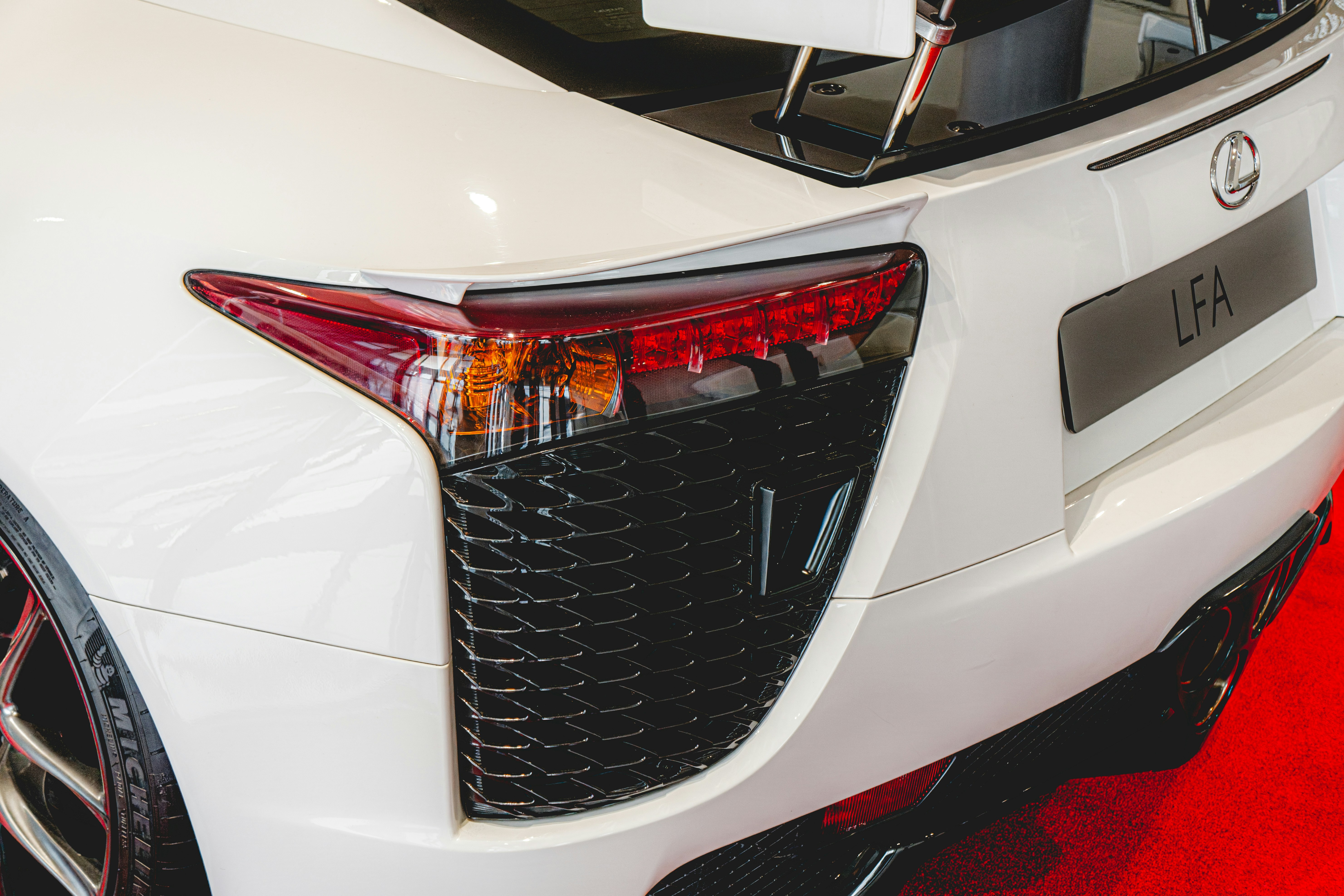 Close-up of a white lexus lfa car's taillight