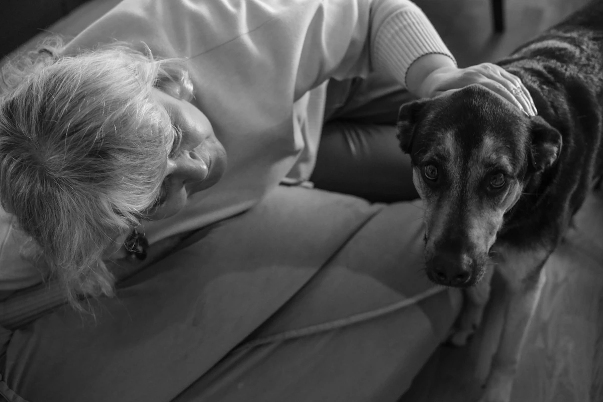 An older woman sitting on a couch gently petting a calm senior dog resting beside her