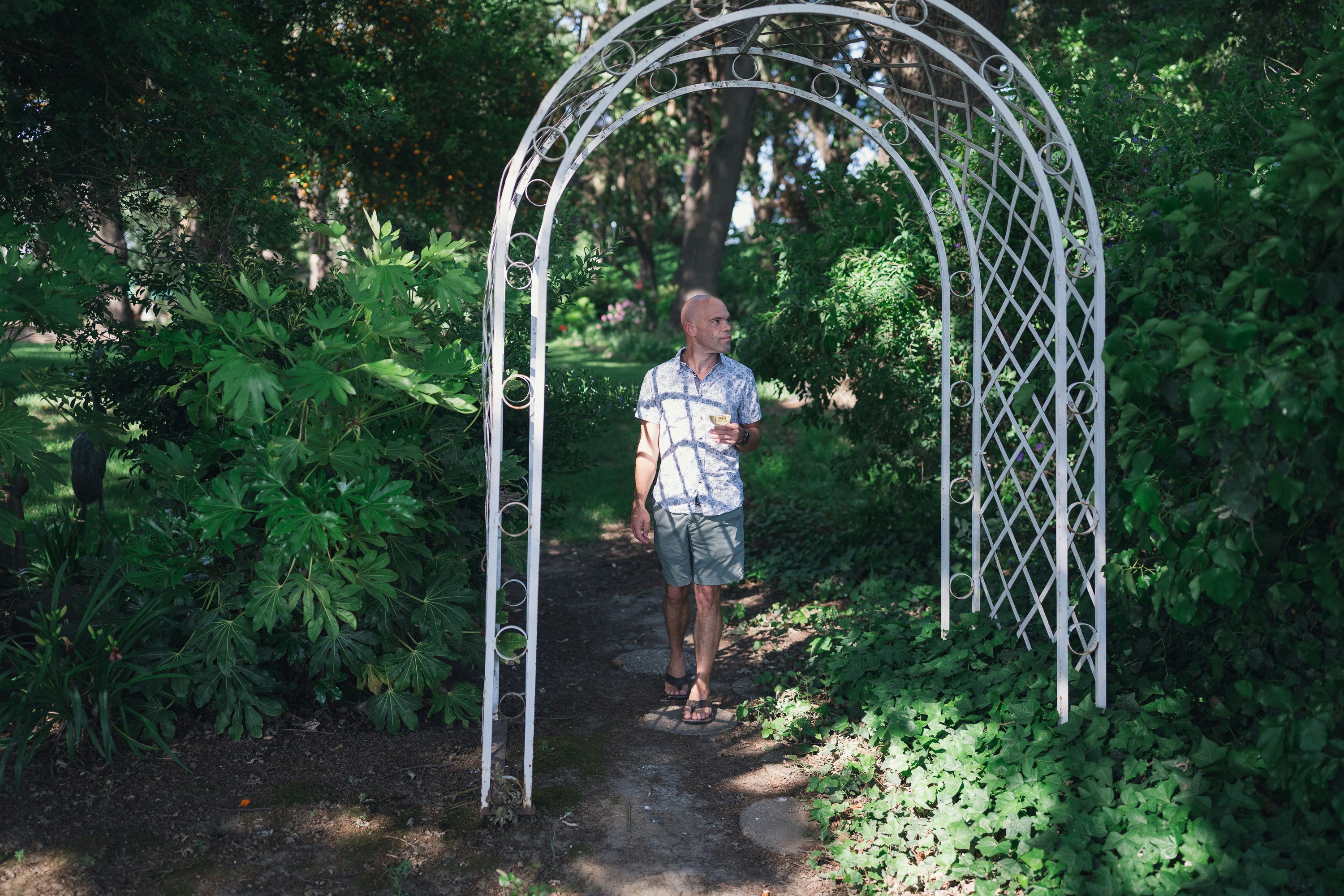 Homem atravessa um arco de jardim branco.