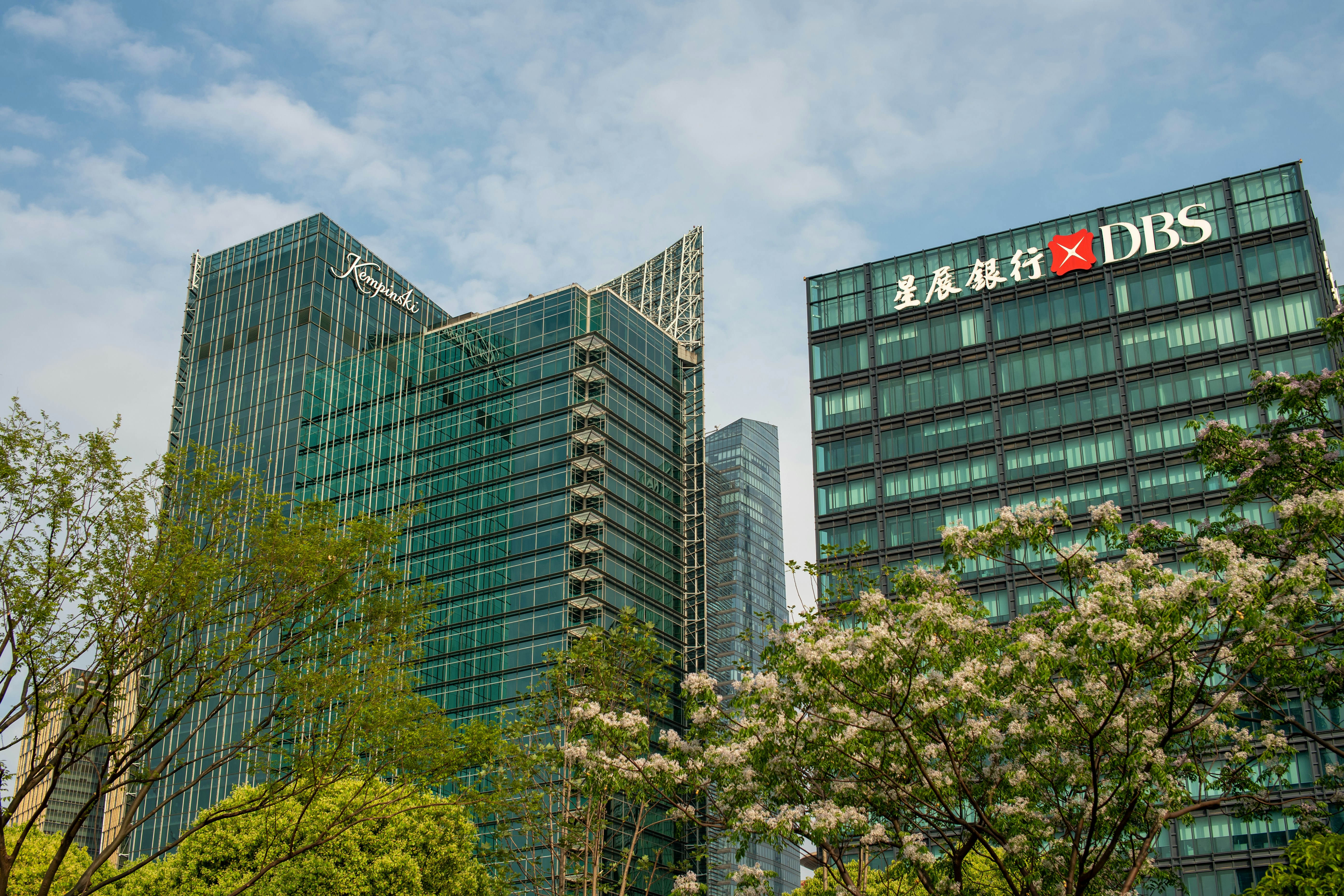 Modern office buildings with trees in foreground