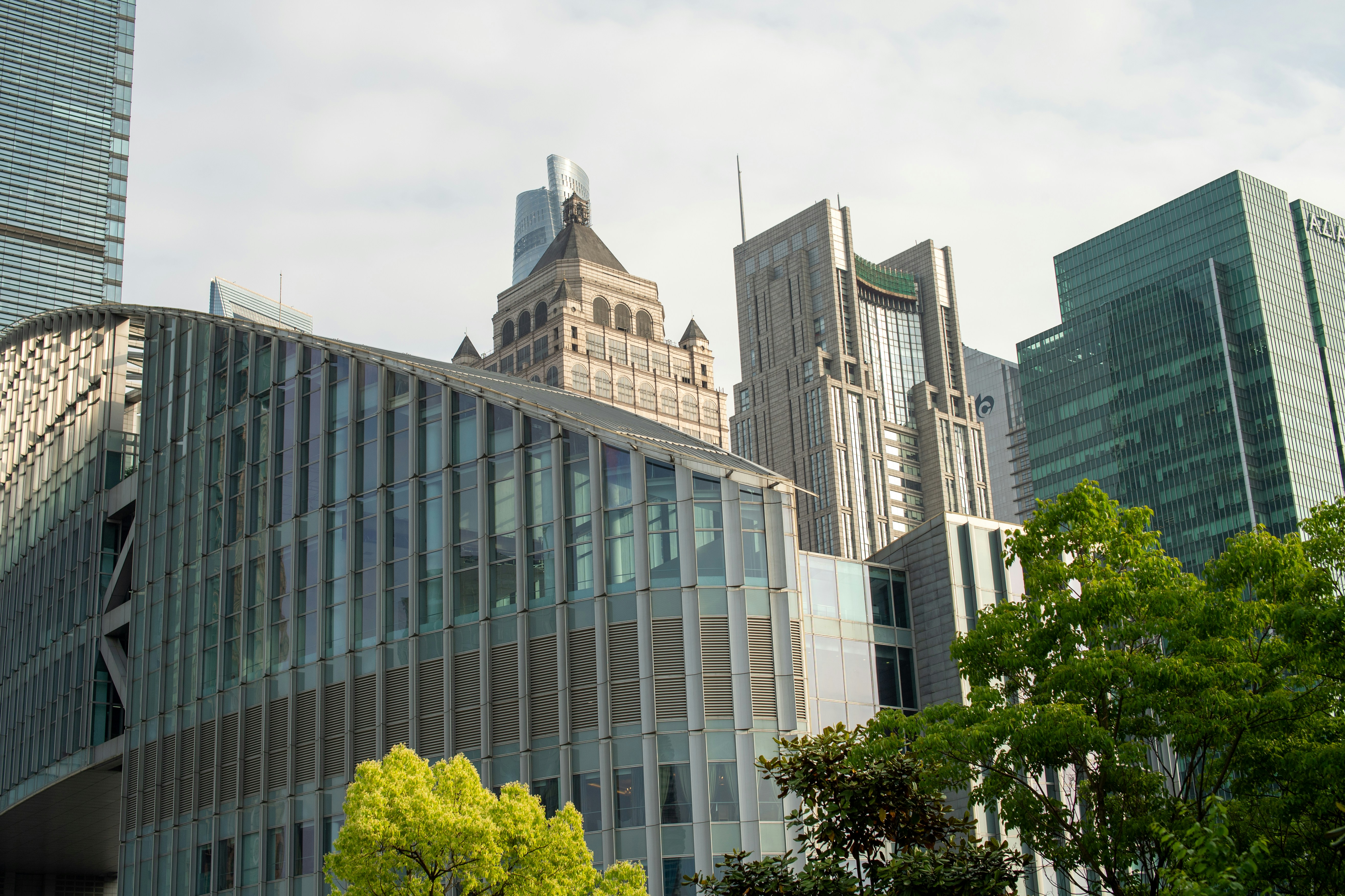 Modern skyscrapers and trees under a cloudy sky