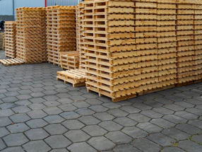 Stacks of wooden pallets on a paved surface