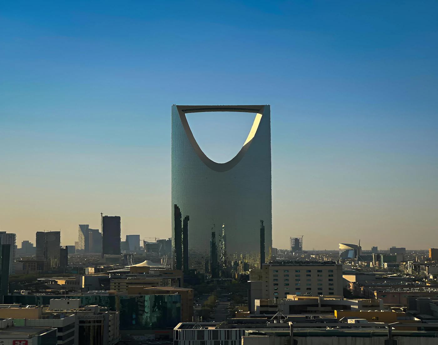 A modern tower against a clear sky