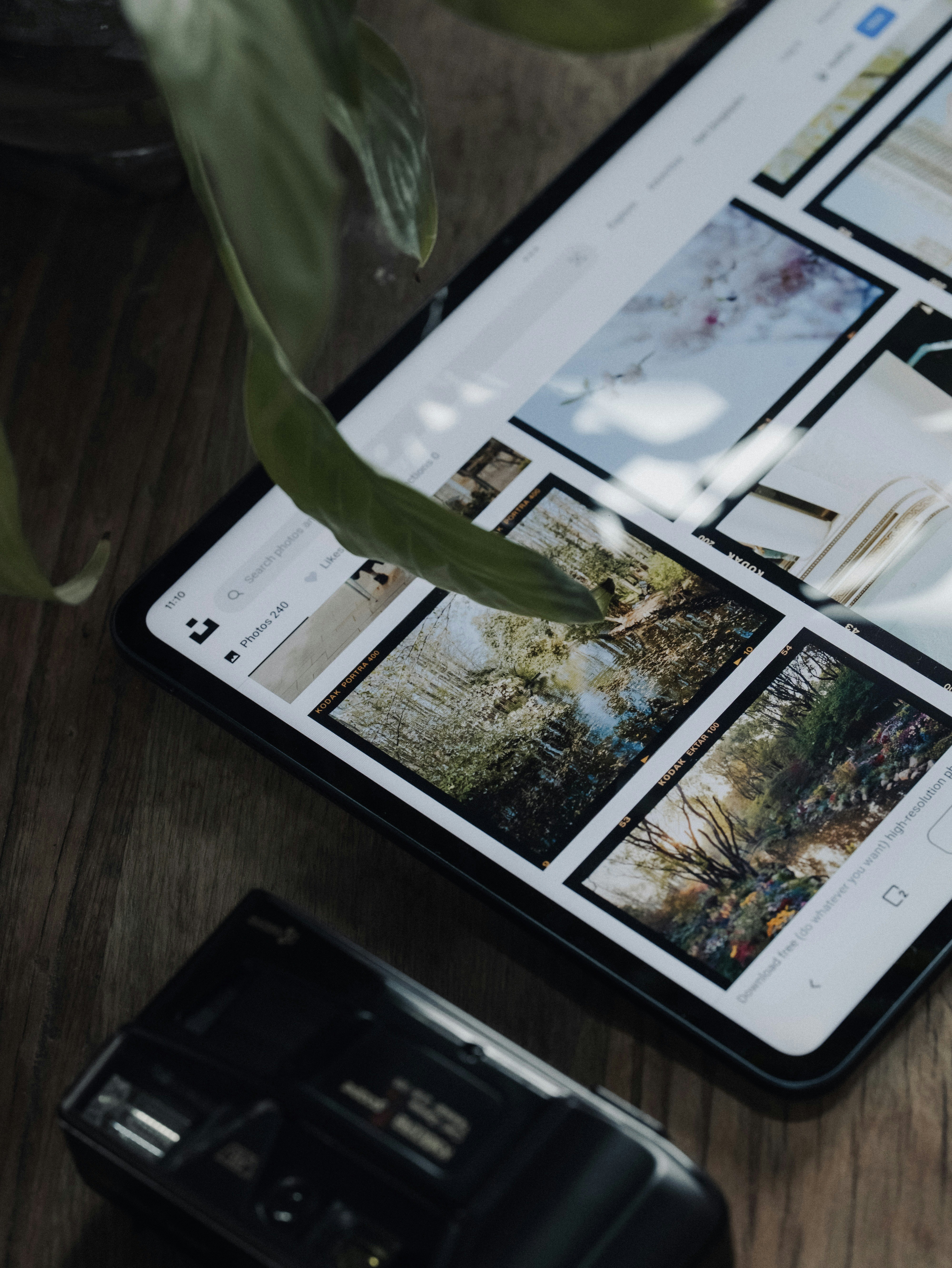自然写真のグリッドを表示するタブレット
