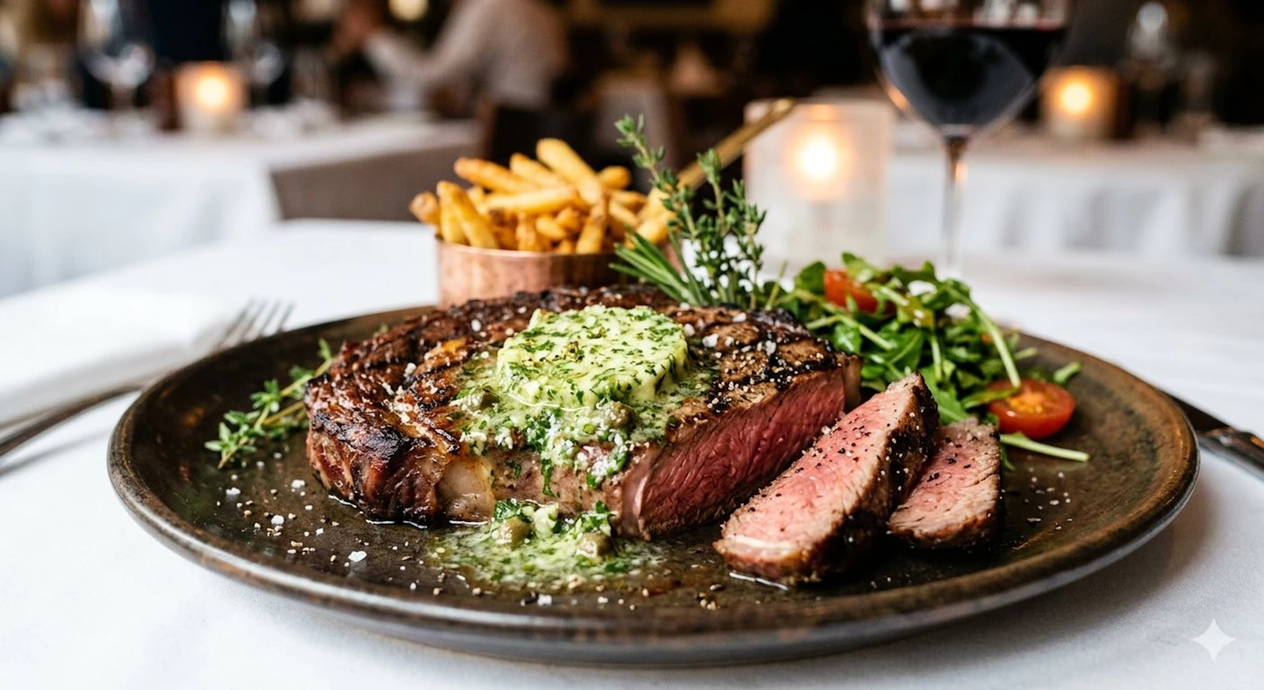 Sliced seared ribeye topped with green herb butter beside crisp potatoes and salad