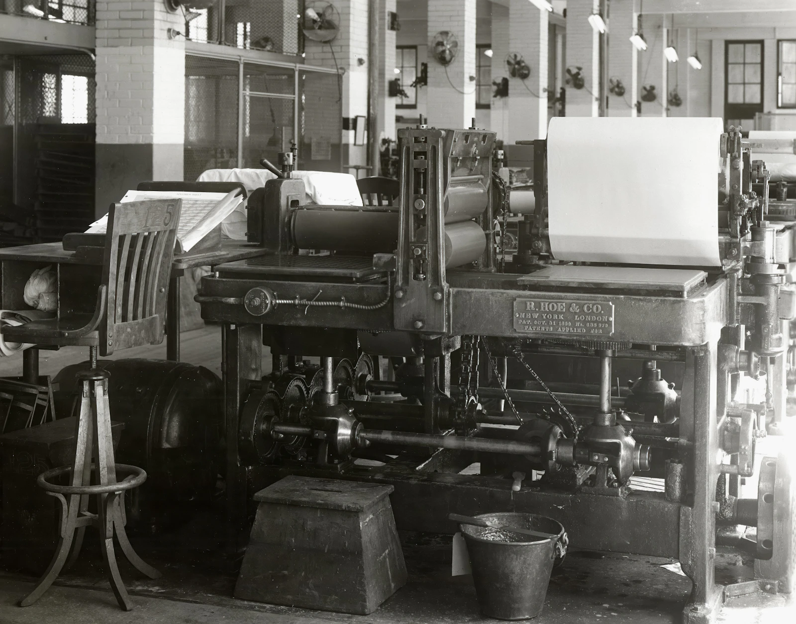 Vintage printing press inside a press hall
