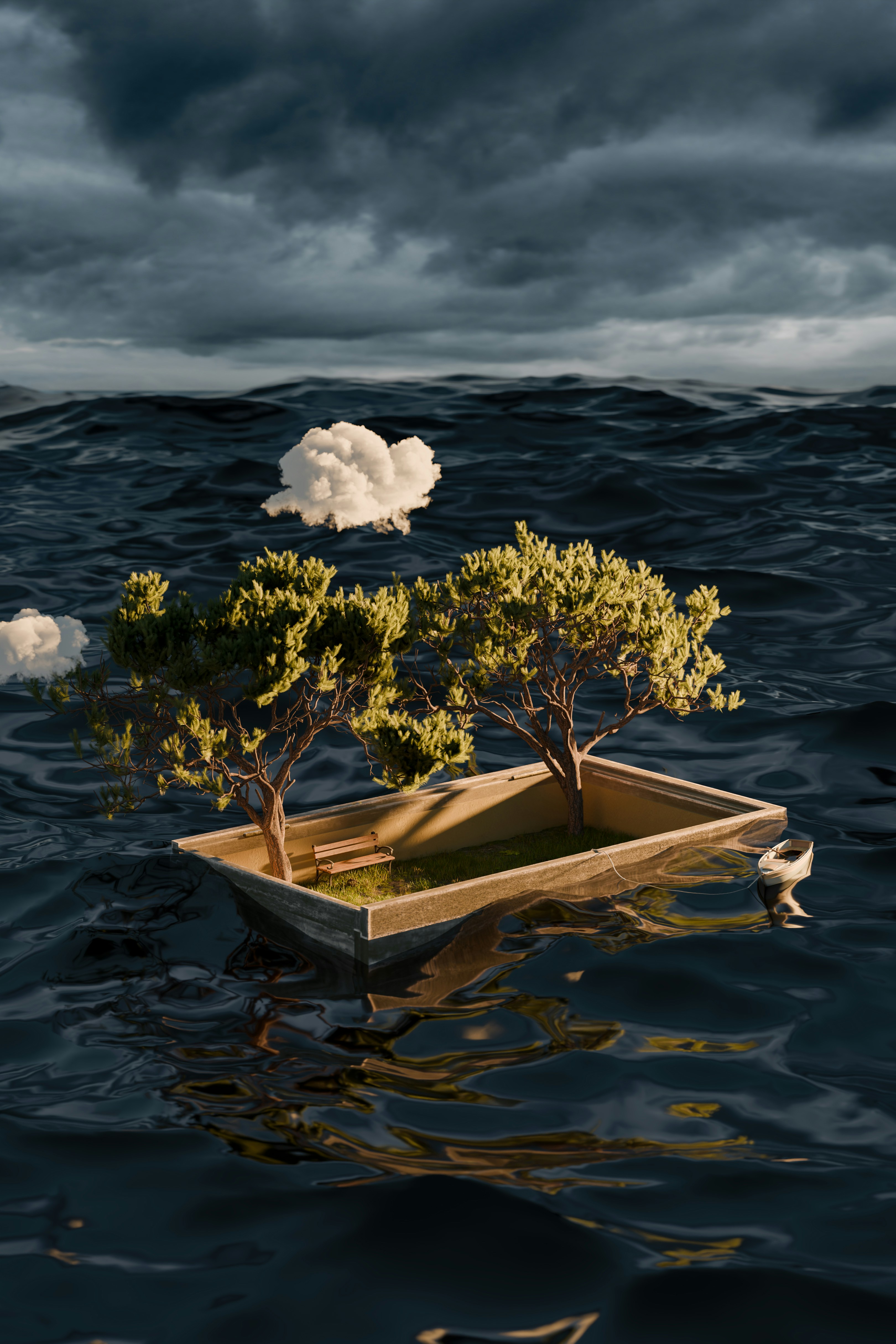 The Last Quiet Place... A surreal 3D render of a private garden floating through a stormy ocean... a quiet shelter inside an endless, restless world.