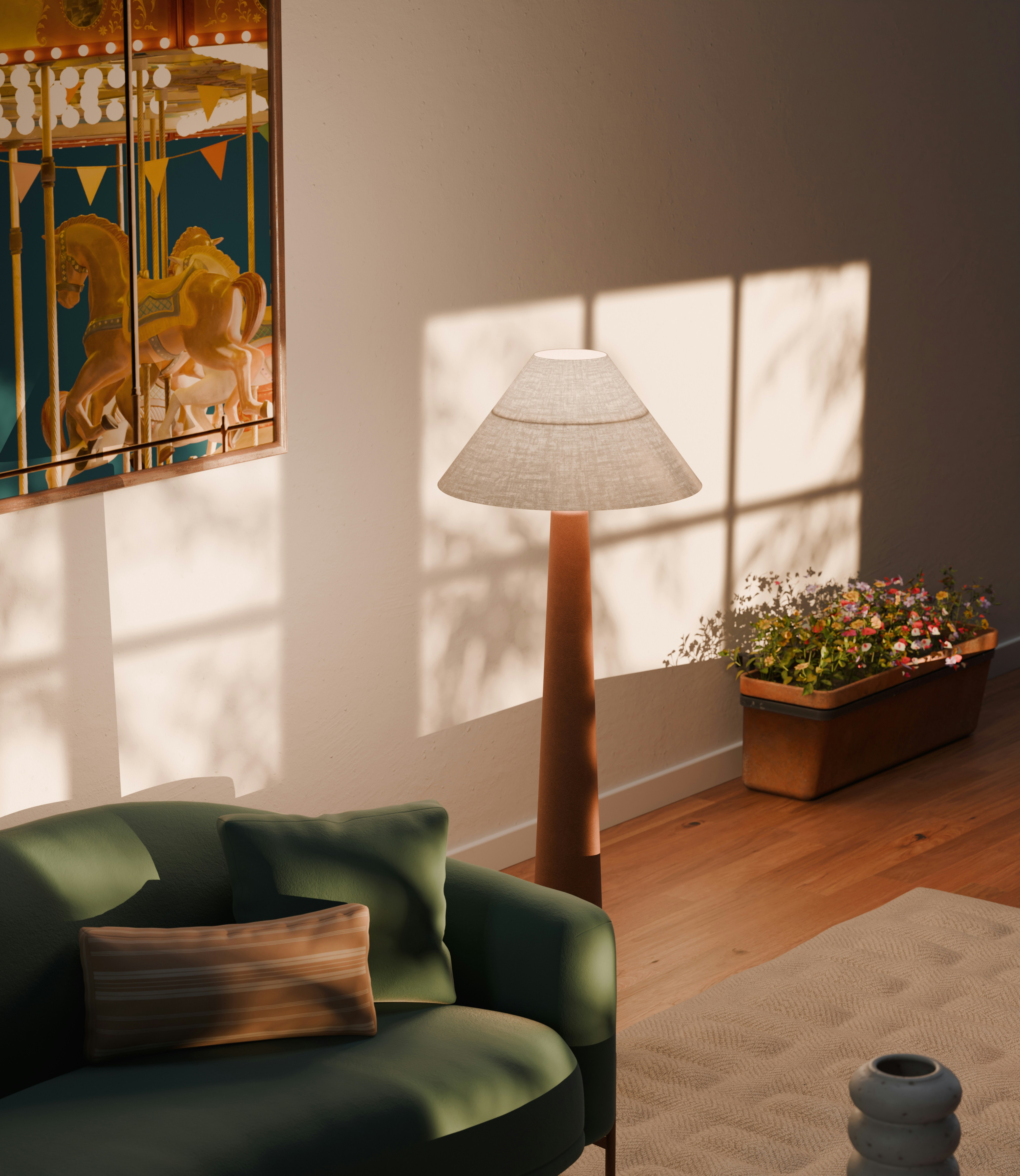Living room with green sofa and carousel art