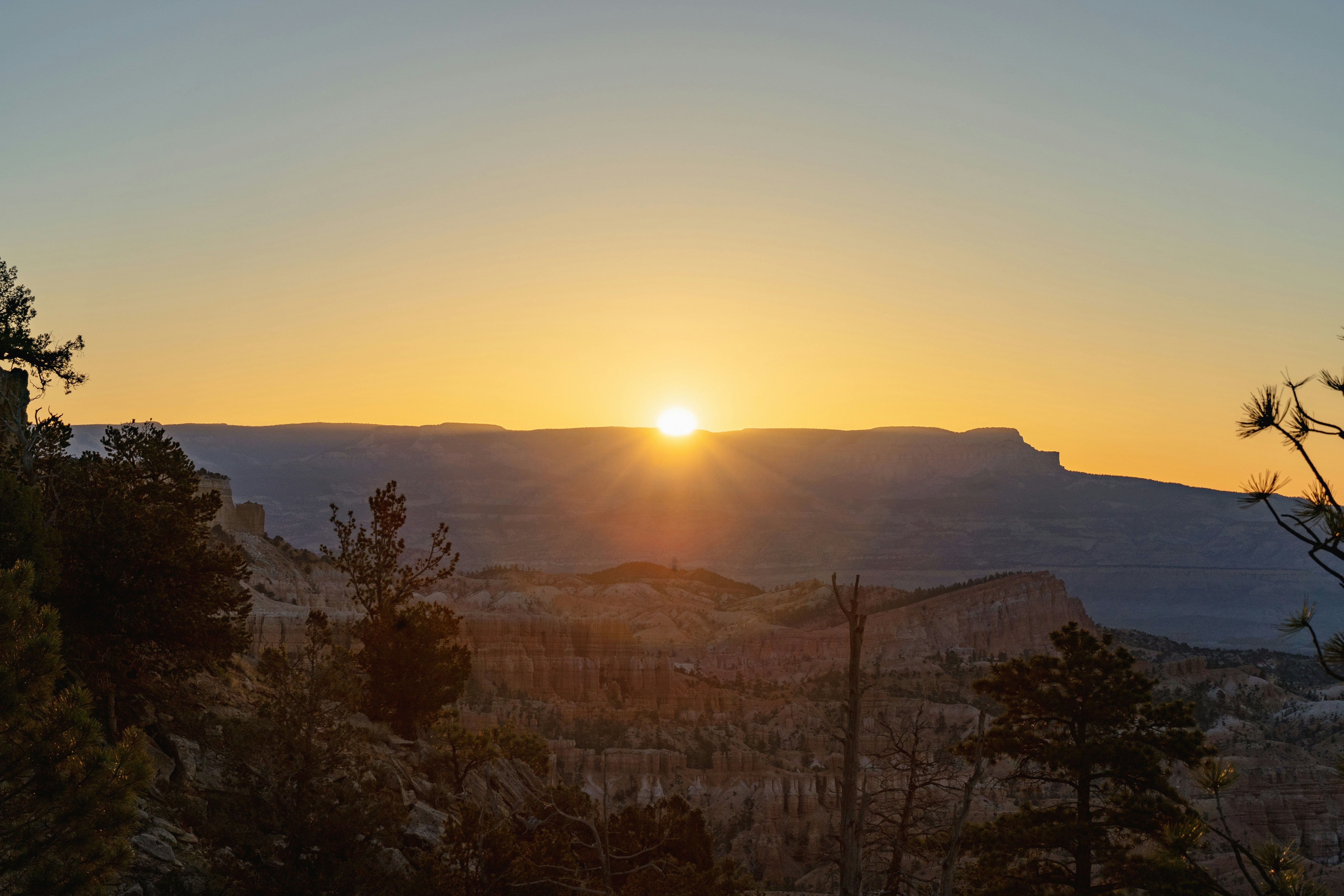 Golden sunrise over a mountain landscape with trees