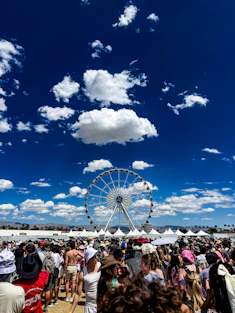 Crowd gathered at an outdoor festival with a ferris wheel