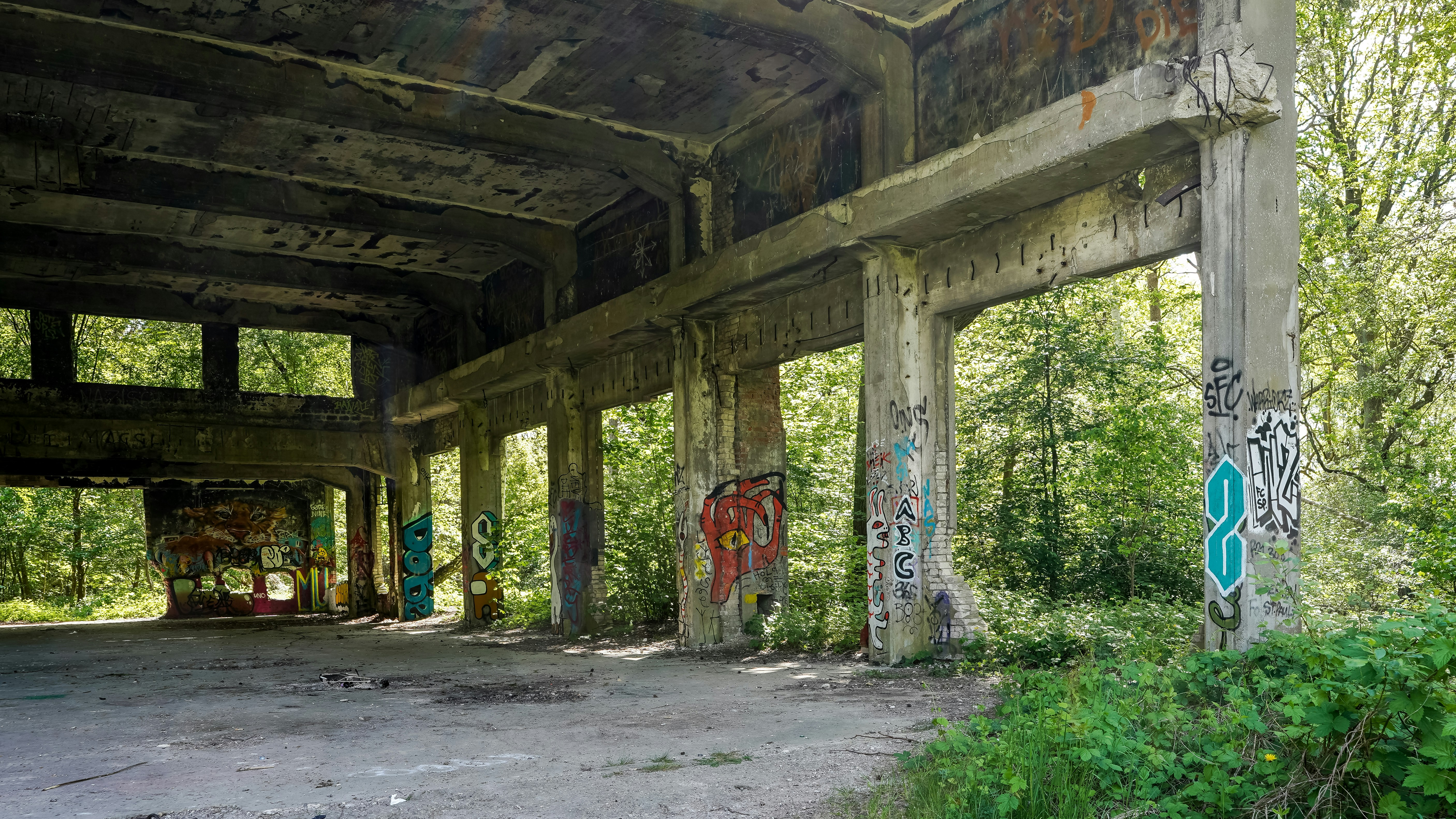 Abandoned concrete structure with graffiti in overgrown nature