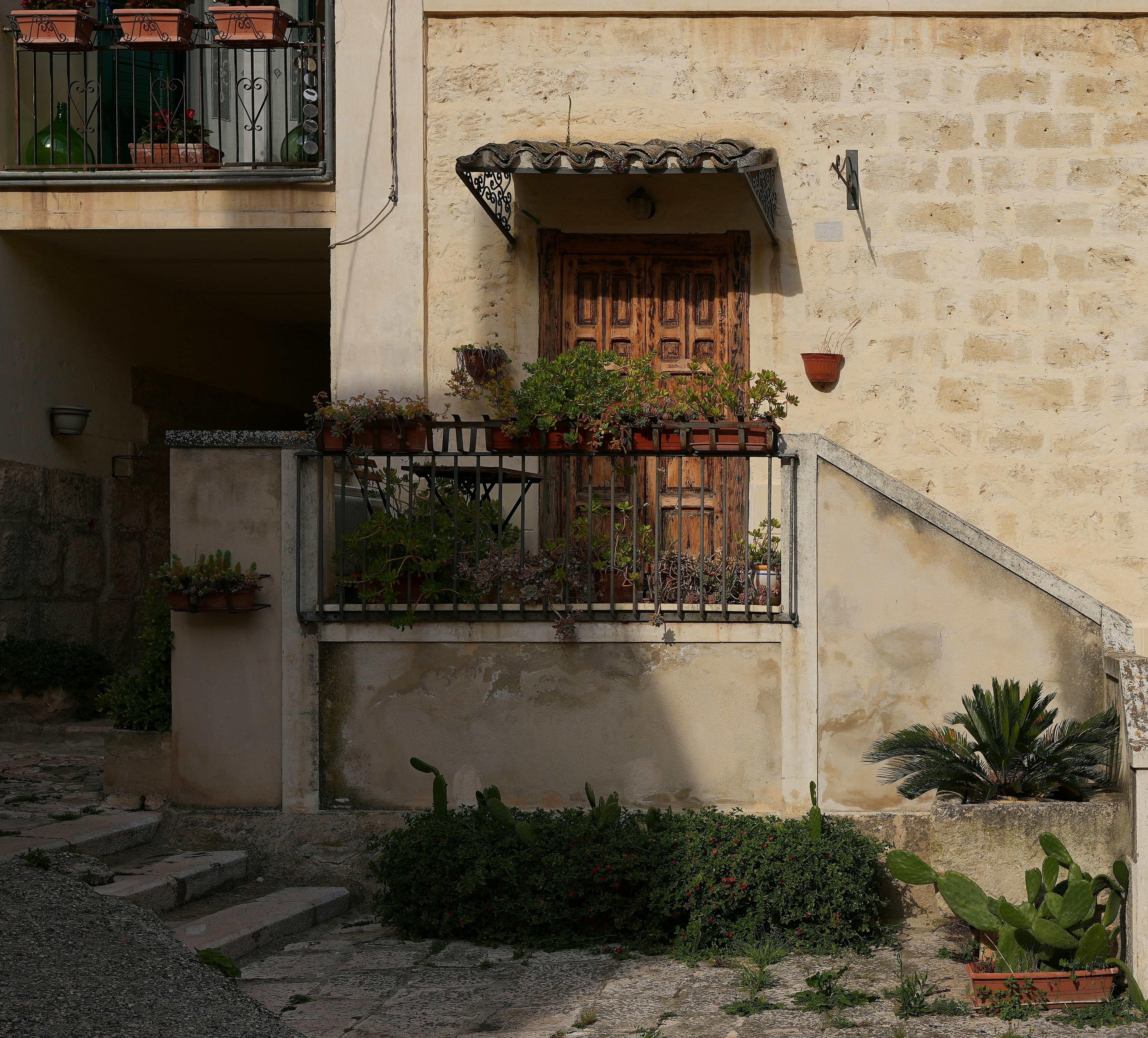 Stone stairs lead to a rustic wooden door with plants.