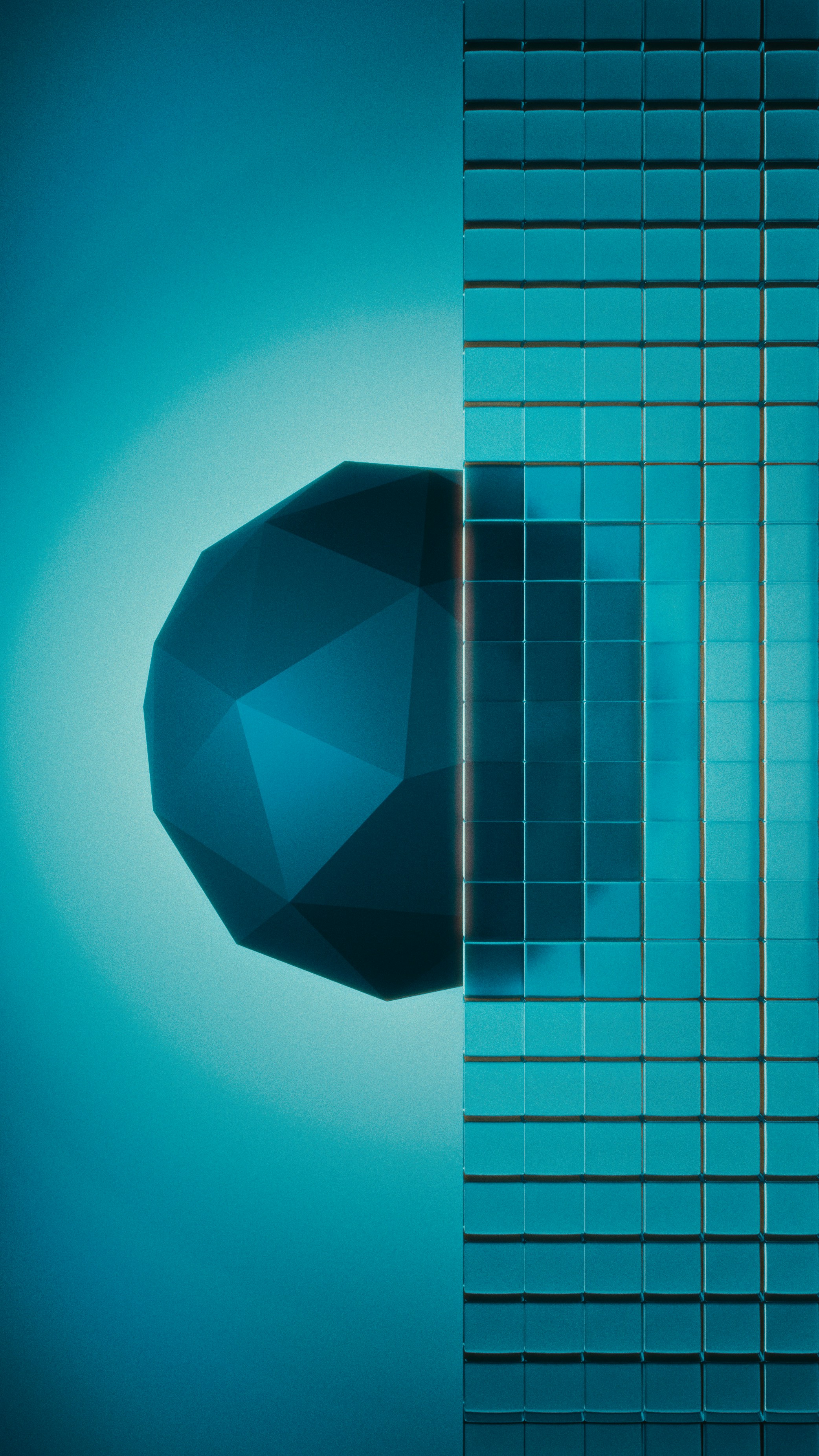 Abstract dark blue geometric sphere and glass wall