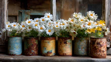 Daisies in rustic tin cans on a windowsill