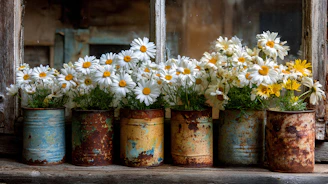 Daisies in rustic tin cans on a windowsill
