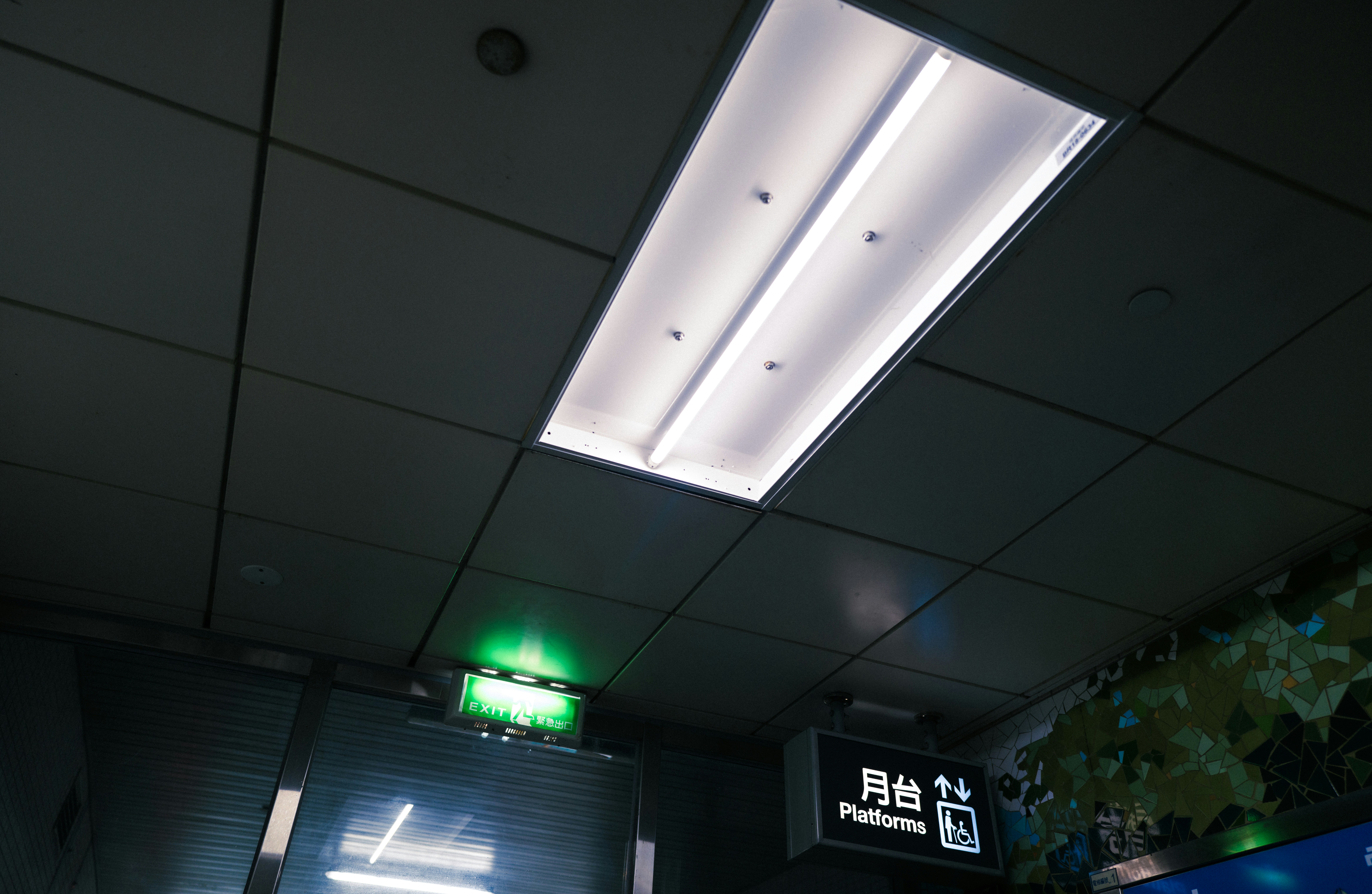Fluorescent light fixture illuminates a dark ceiling with signs.
