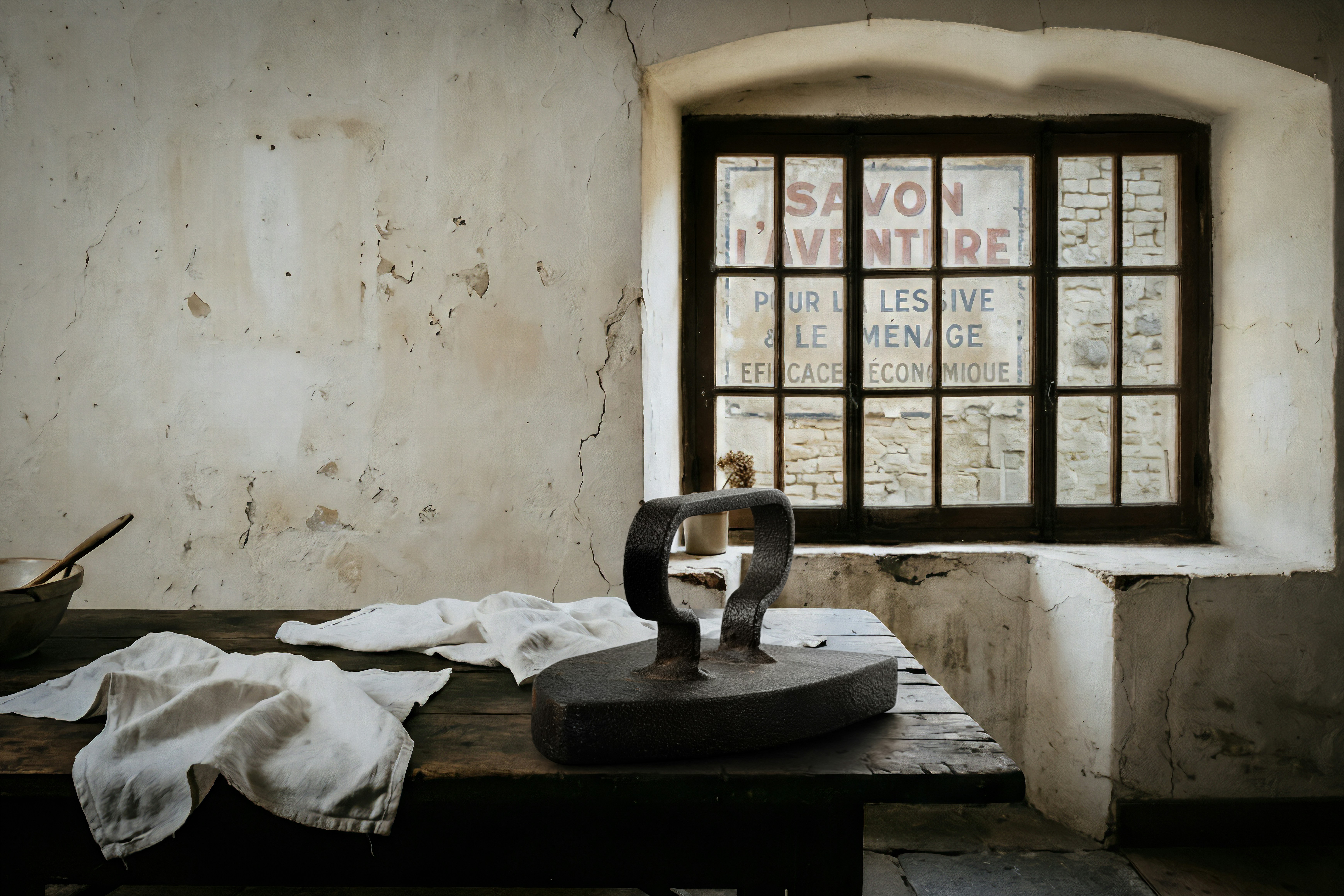 Antique iron on a wooden table with a window.