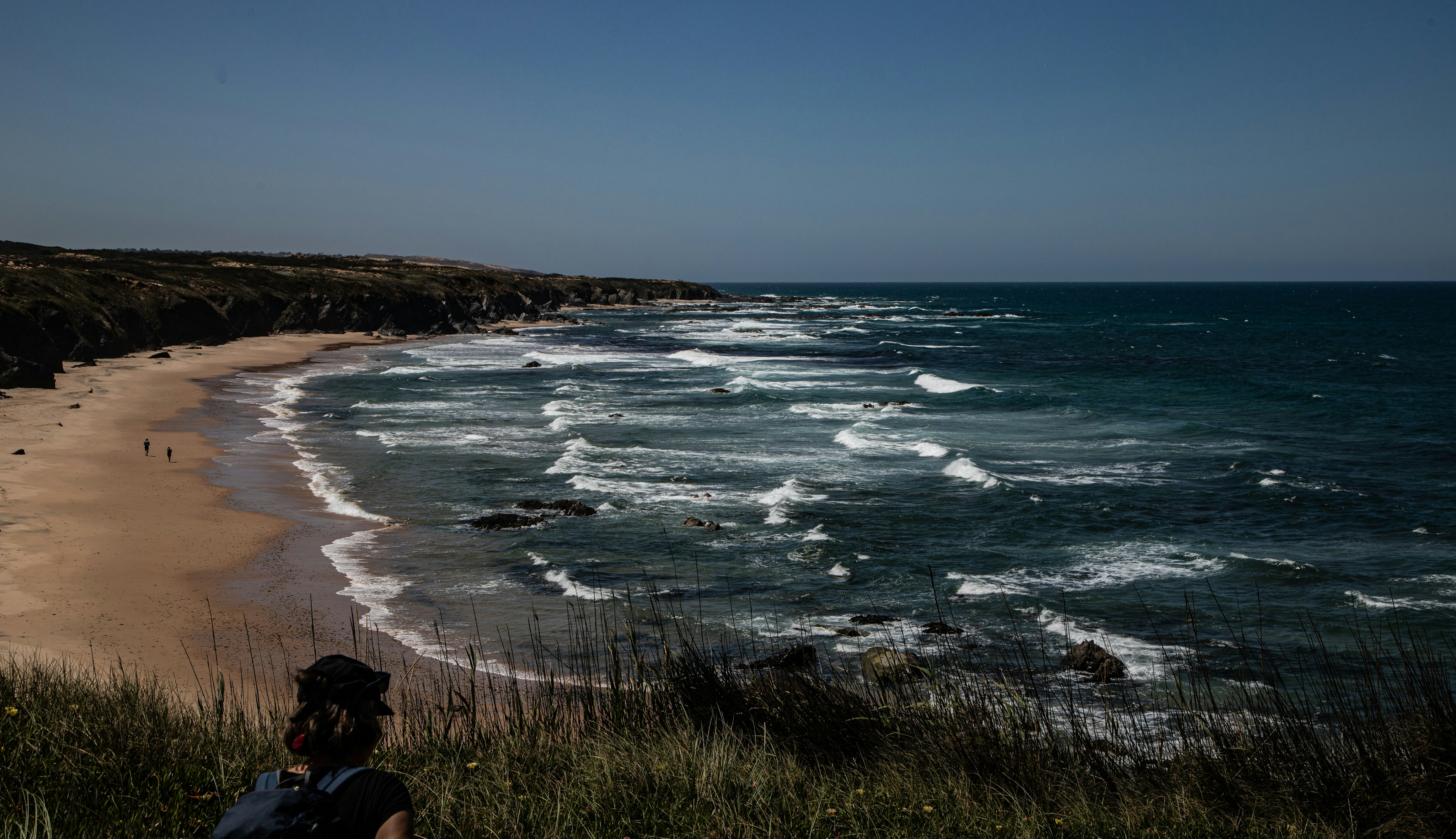 A person overlooking a rugged coastline with ocean waves.