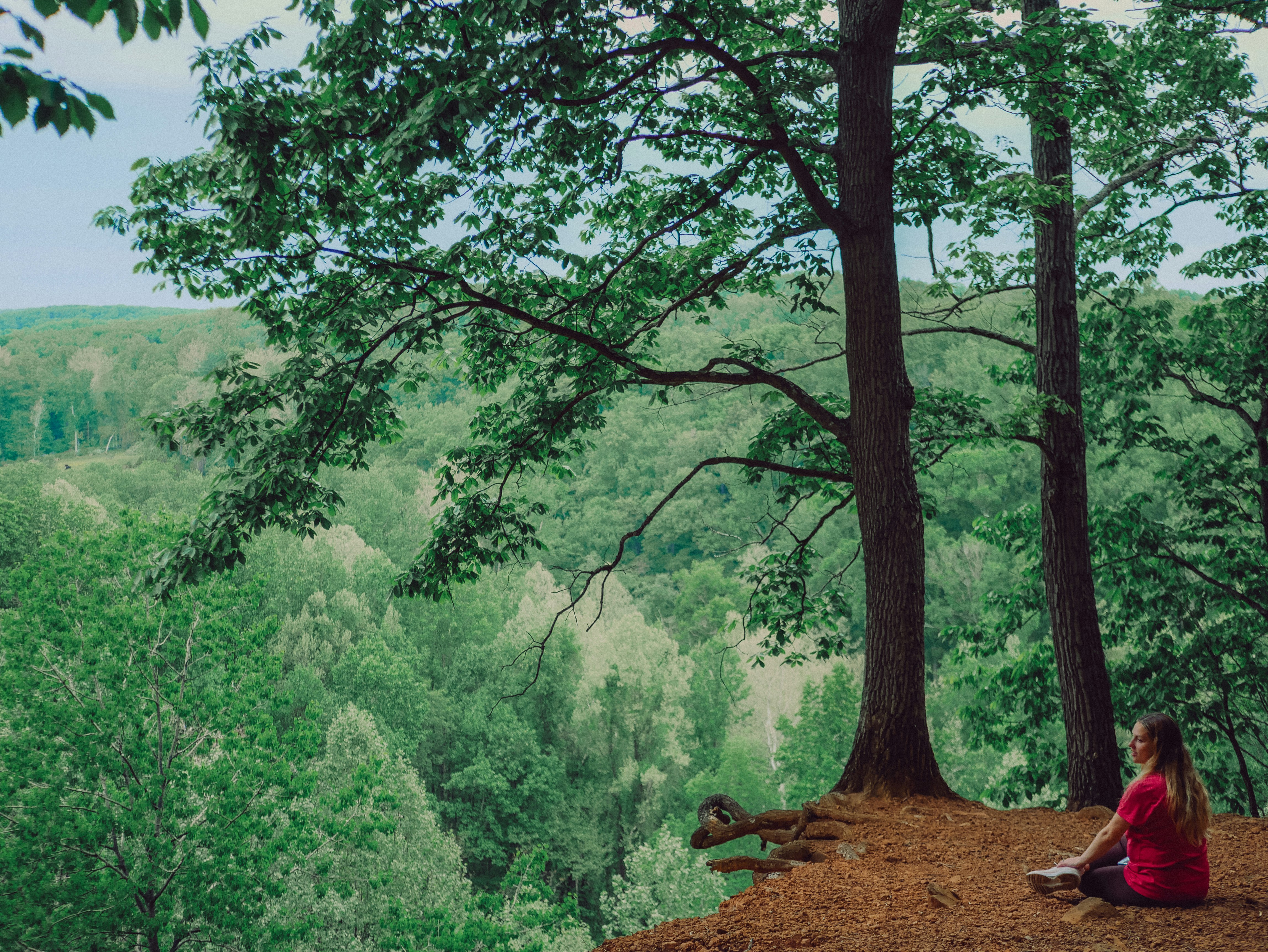 Woman sitting on cliff edge overlooking forest