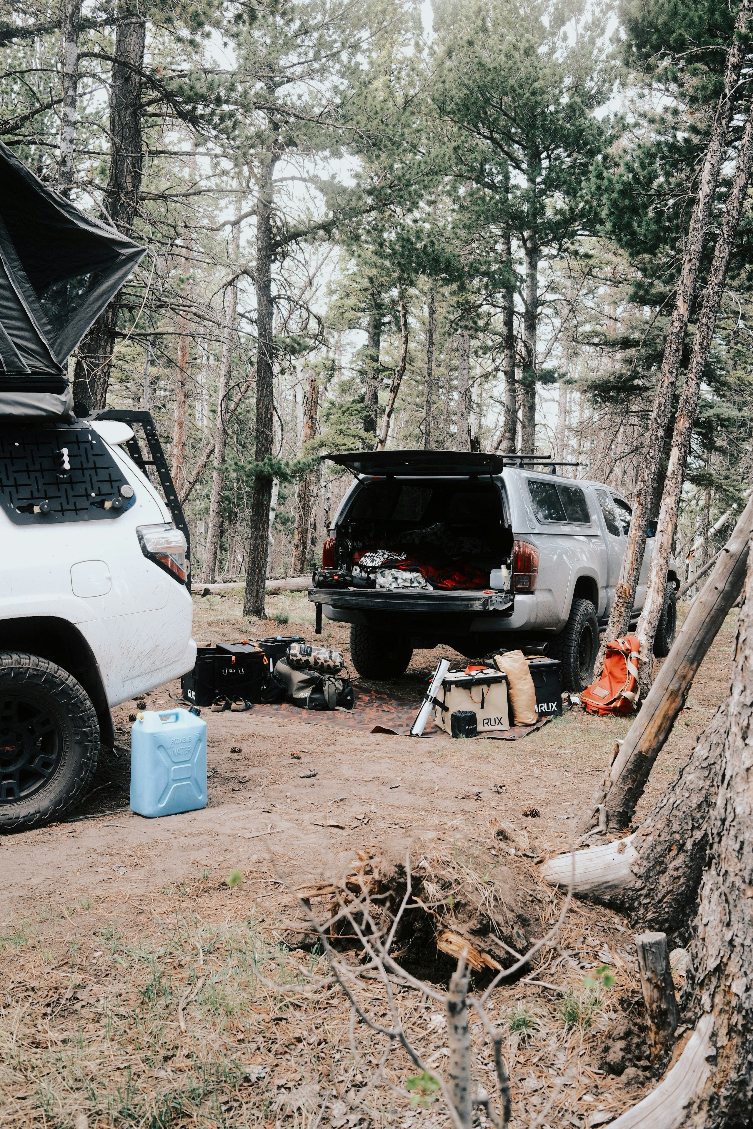 Dois veículos estacionados em um acampamento na floresta com equipamentos de camping.