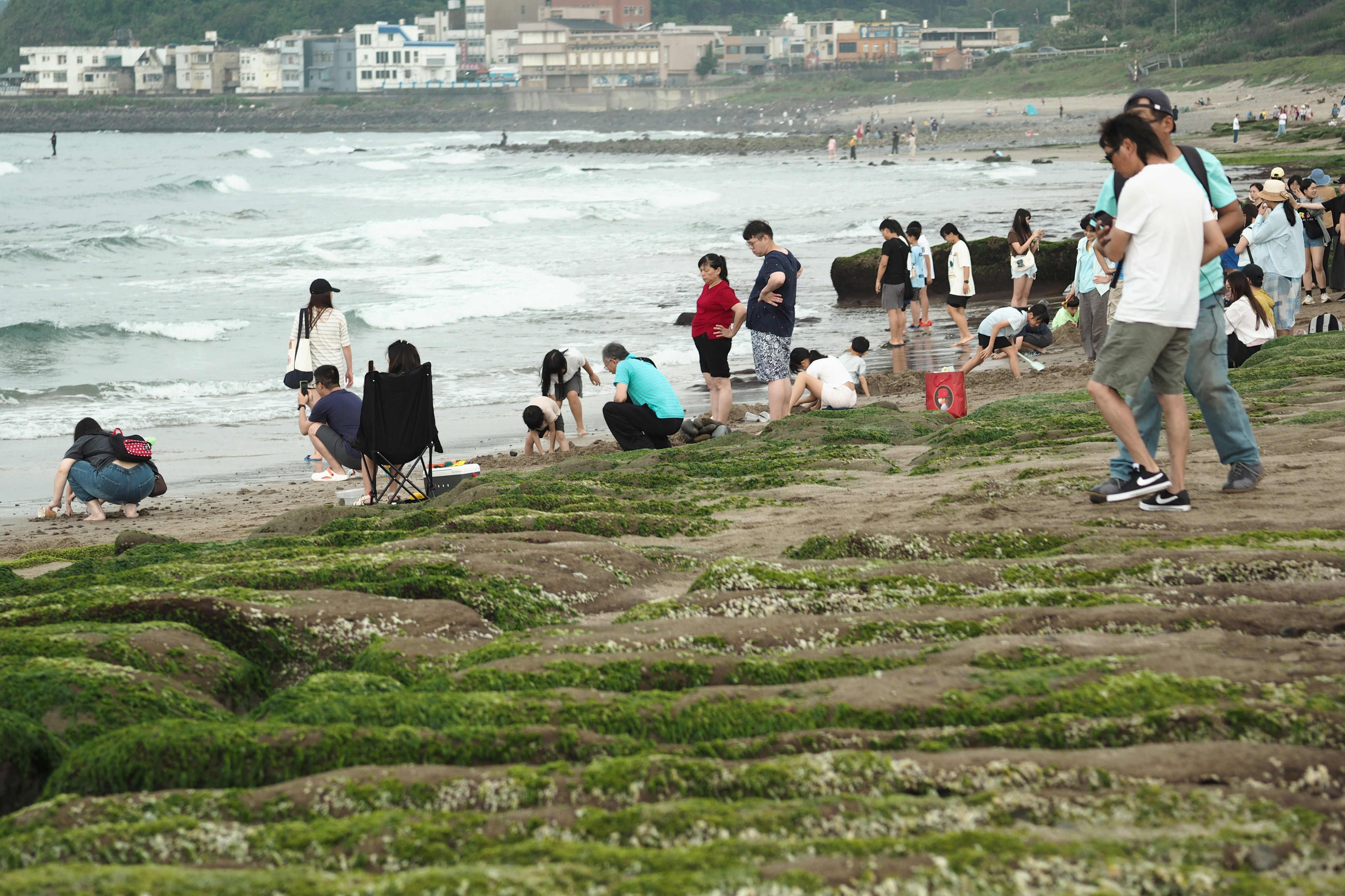 Orang-orang menikmati pantai yang tertutup lumut hijau.