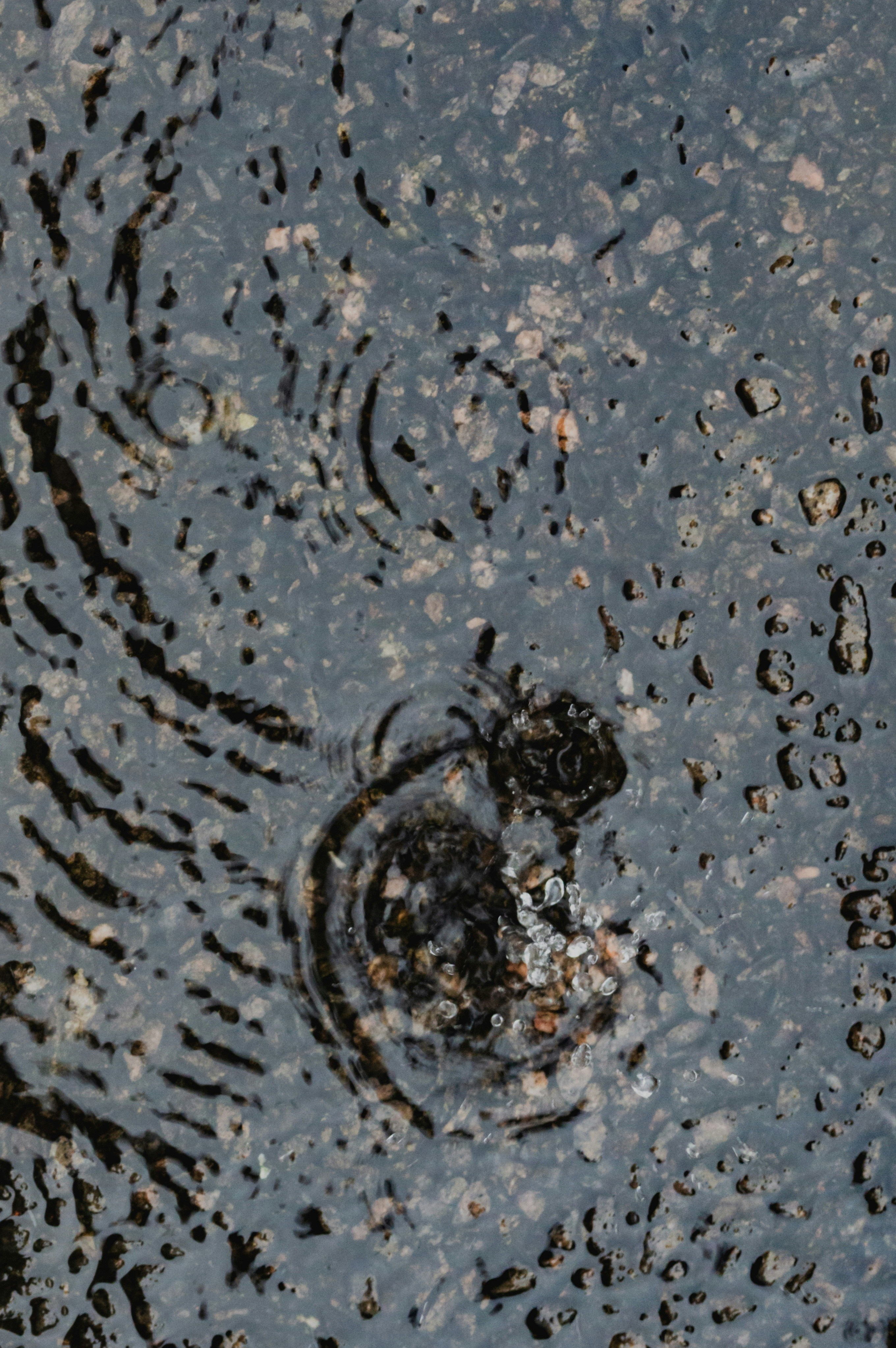 Gotas de chuva criando ondulações no pavimento escuro e molhado.