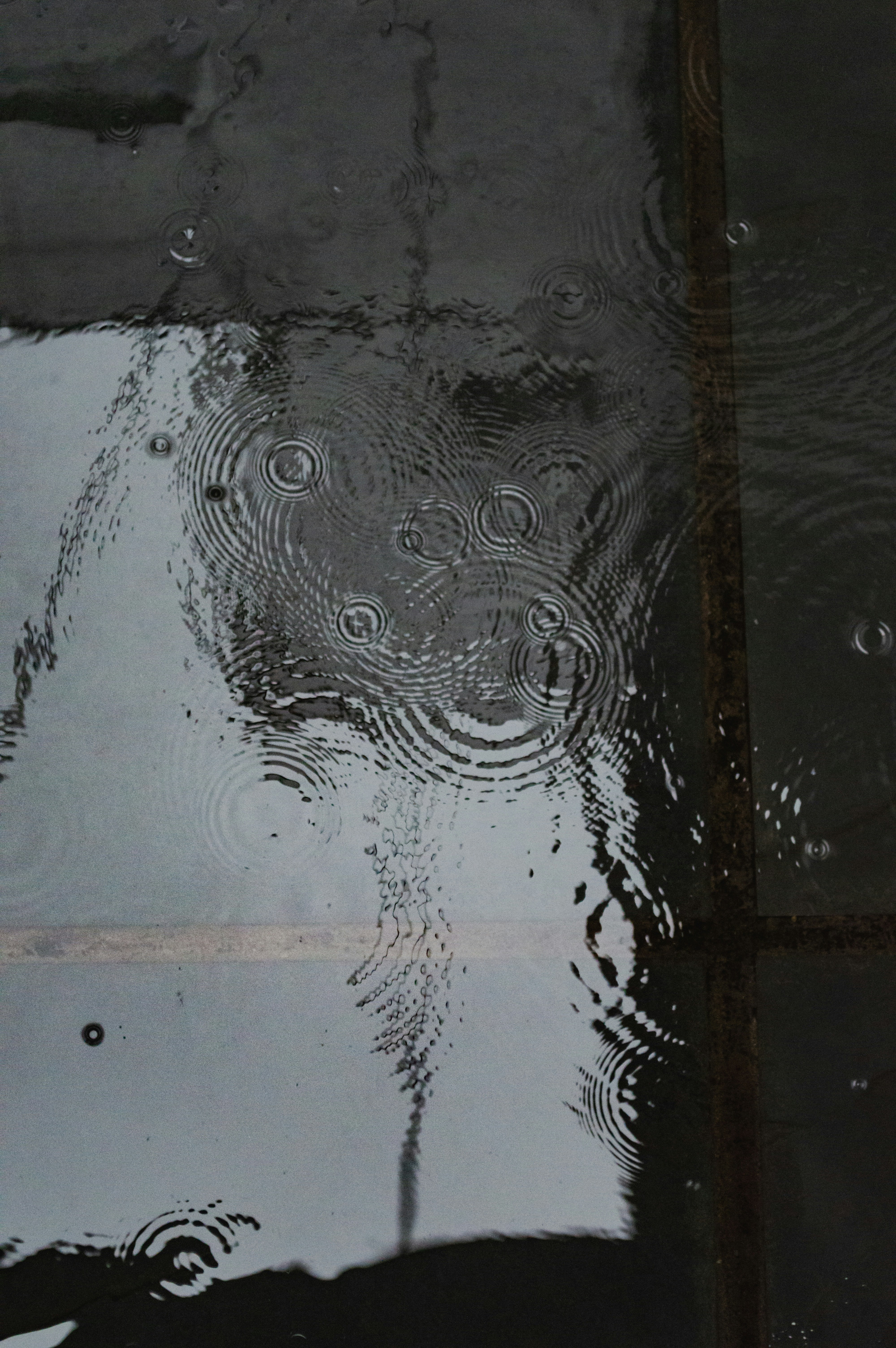 Gotas de chuva criando ondulações em uma superfície escura e úmida.