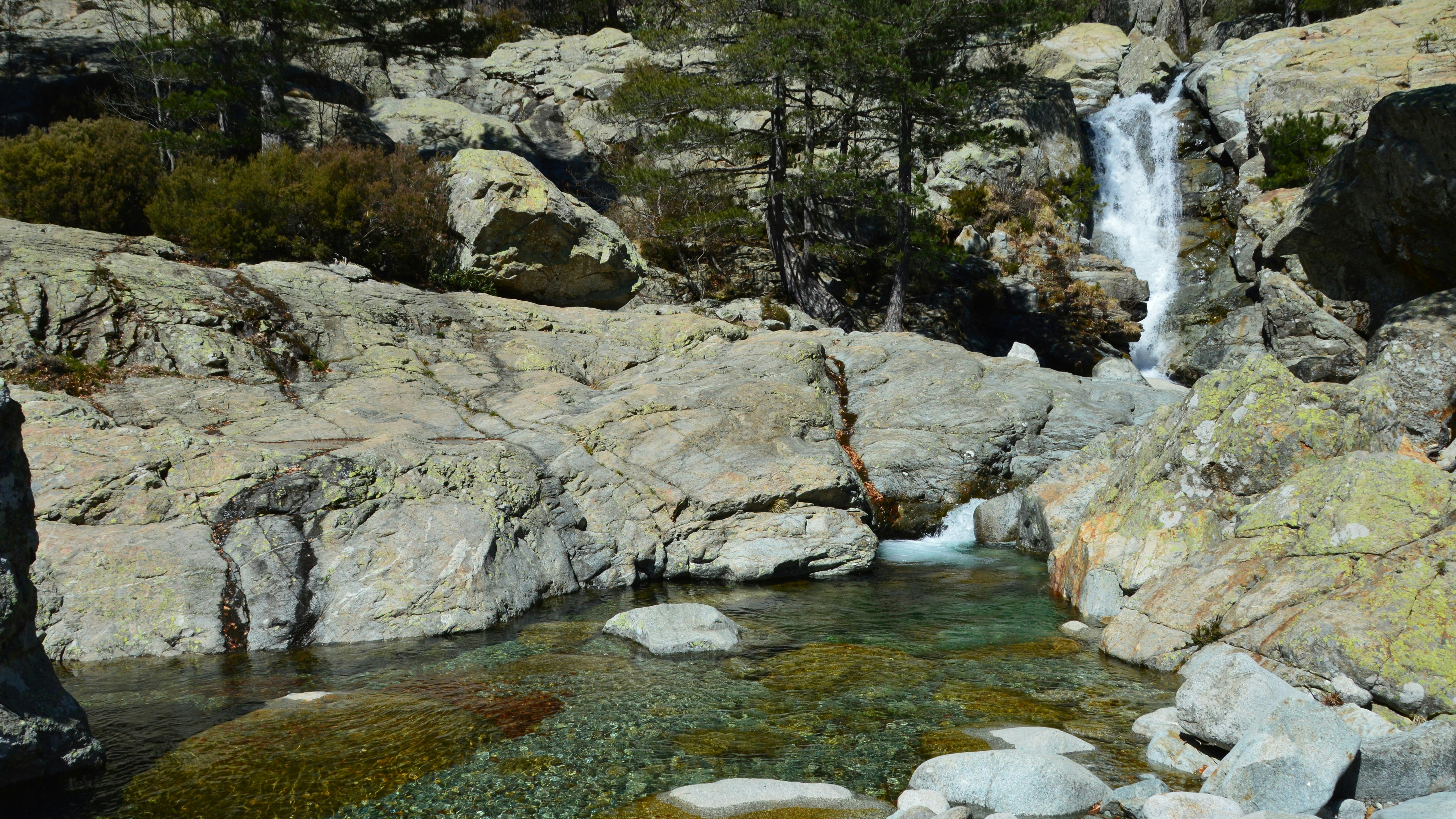Un ruscello di montagna limpido scorre sopra rocce vicino a una cascata.