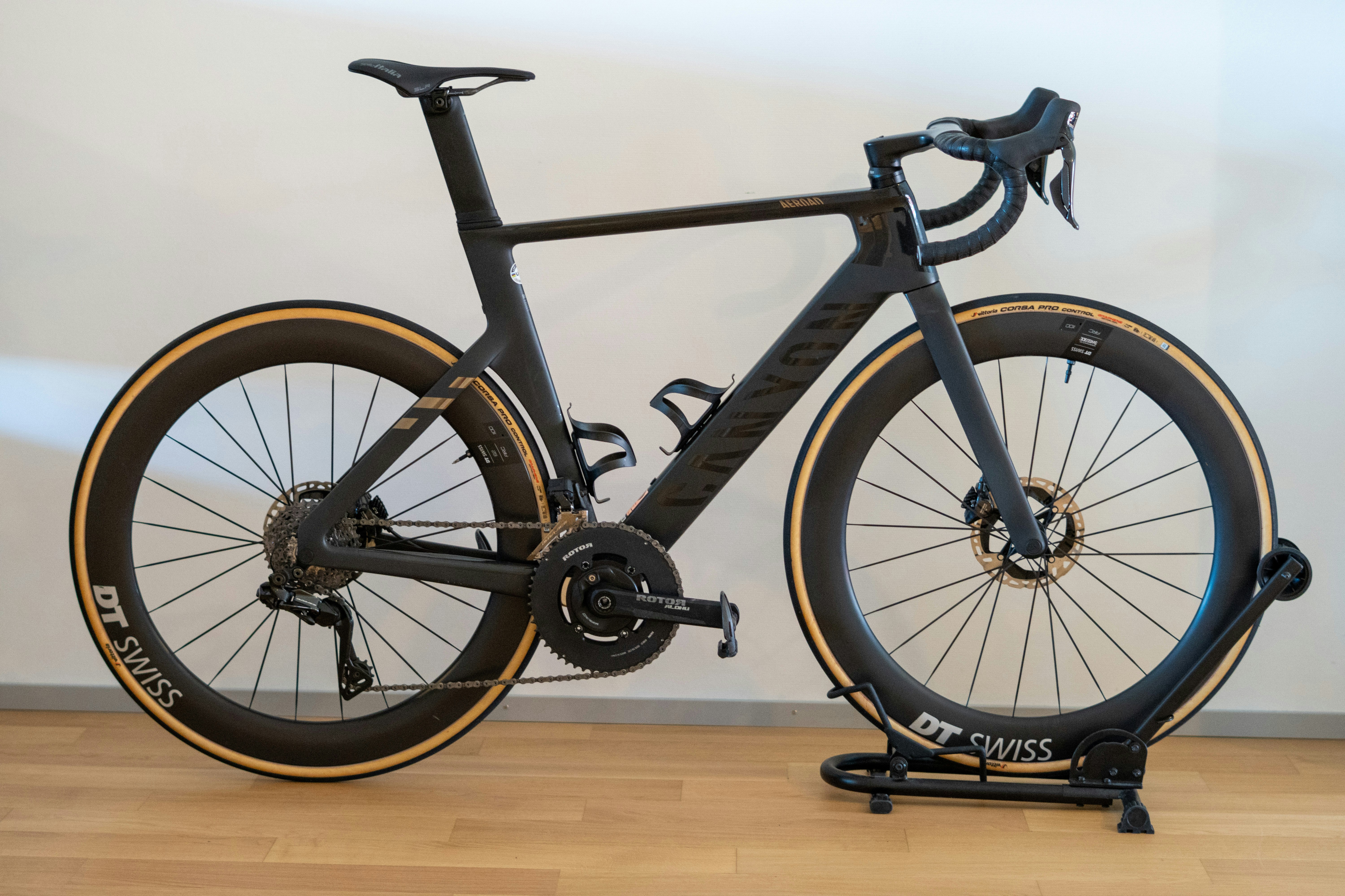 A black canyon road bike with disc brakes.