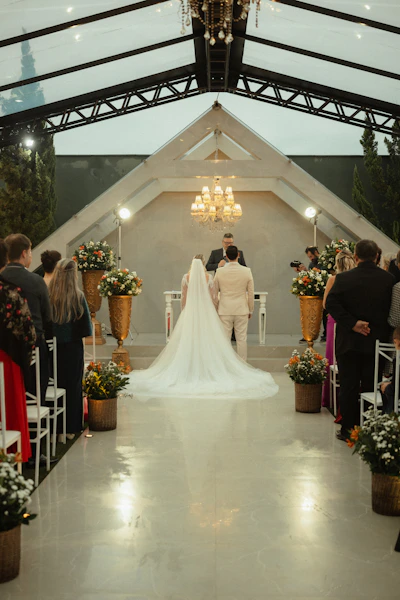 Bride and groom standing at the altar during their wedding.