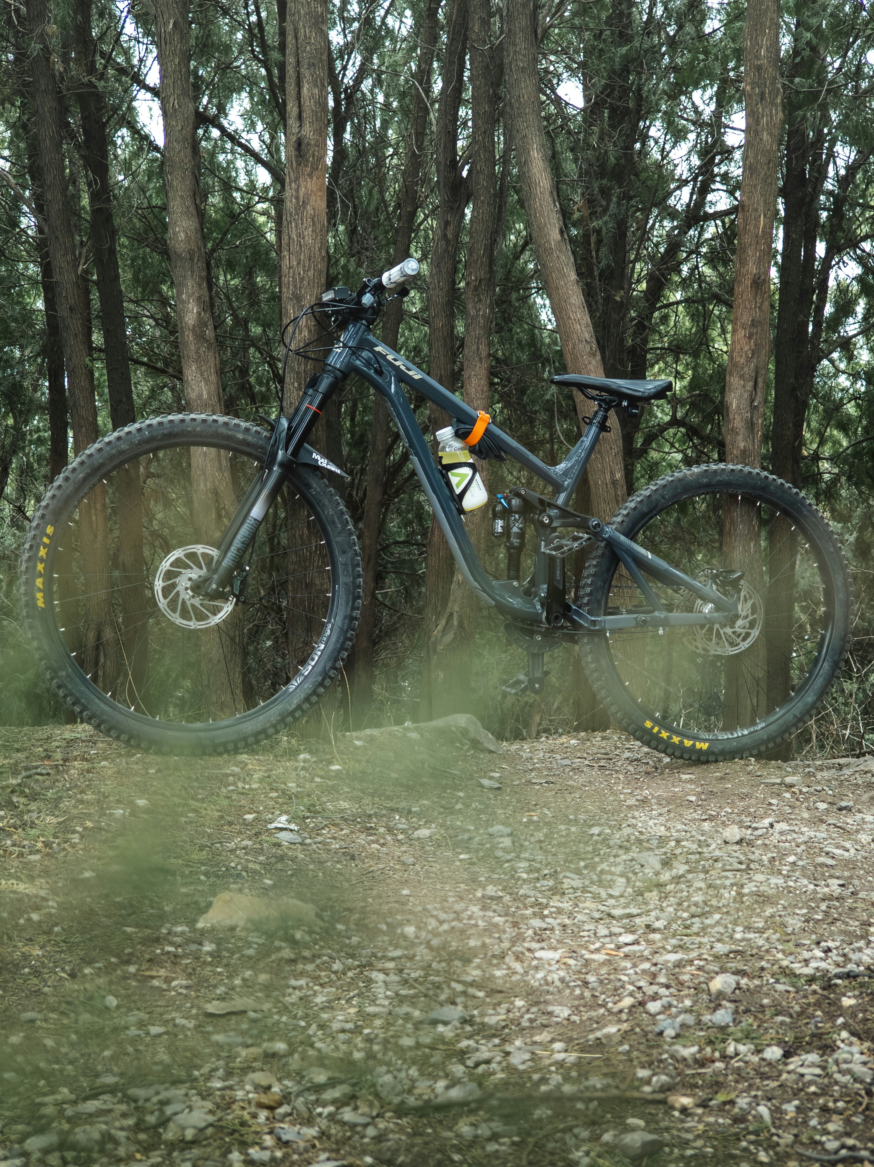 A dark mountain bike parked on a forest trail.