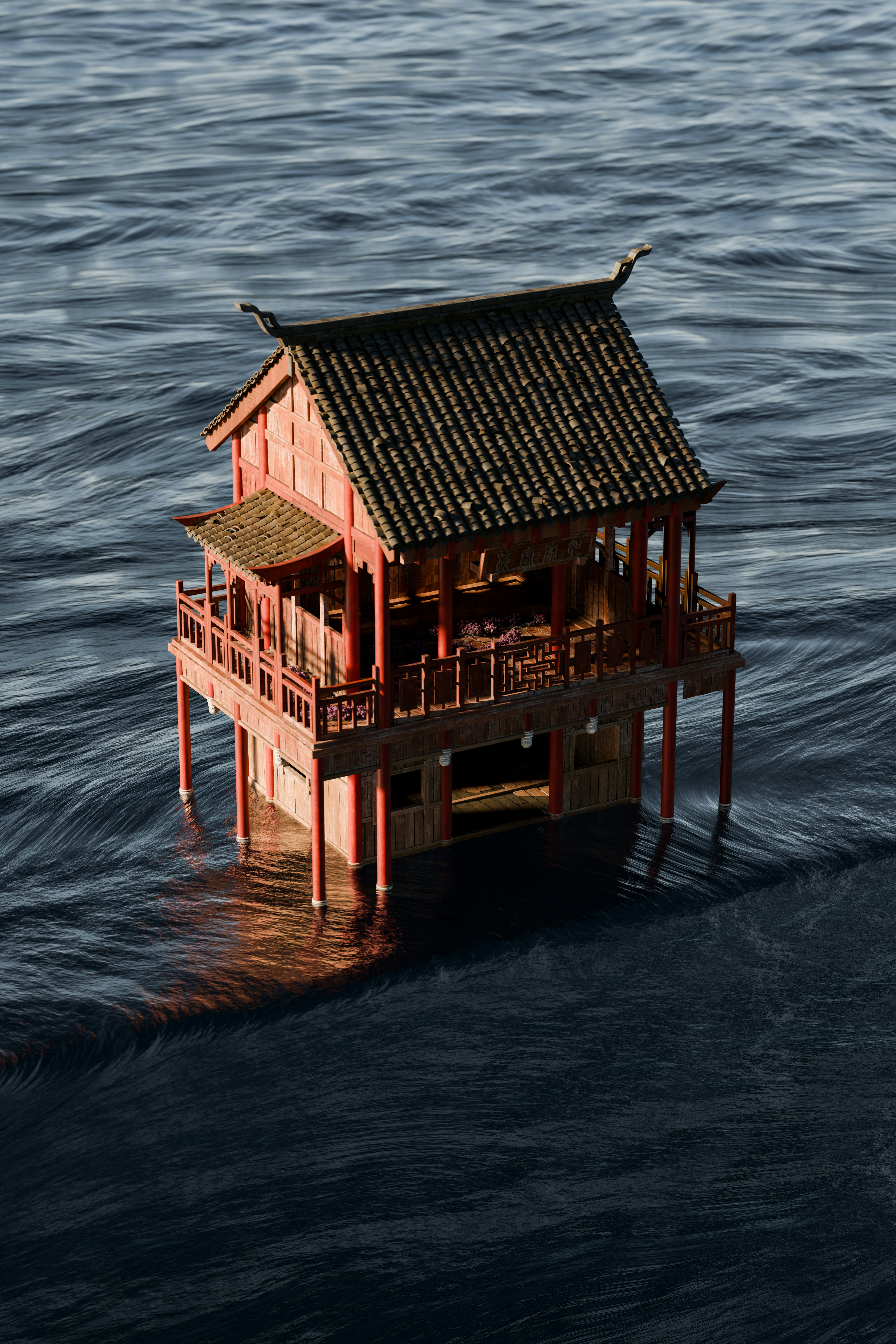 A red wooden house on stilts in dark water