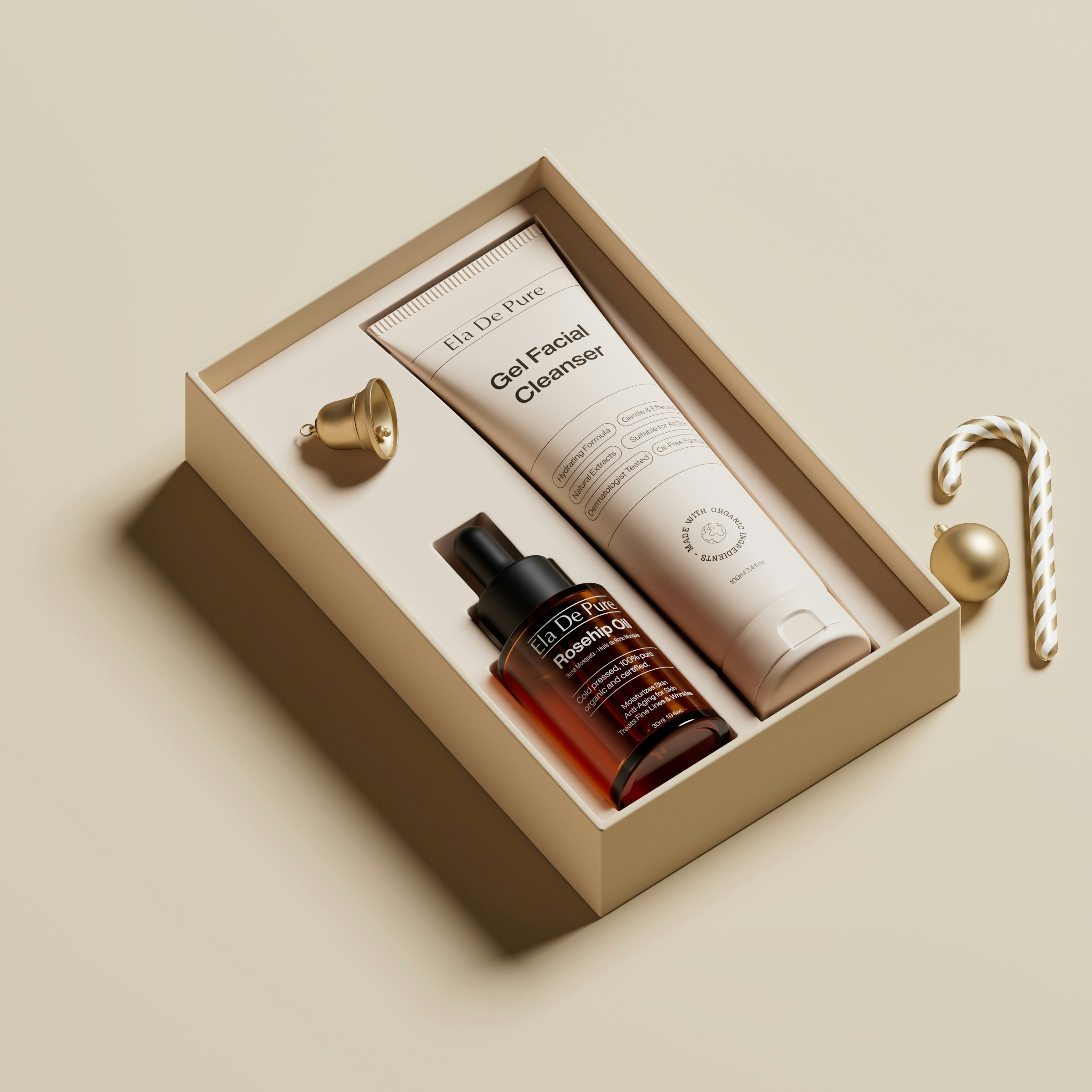 Pembersih wajah dan serum dalam kotak hadiah natal yang meriah.
