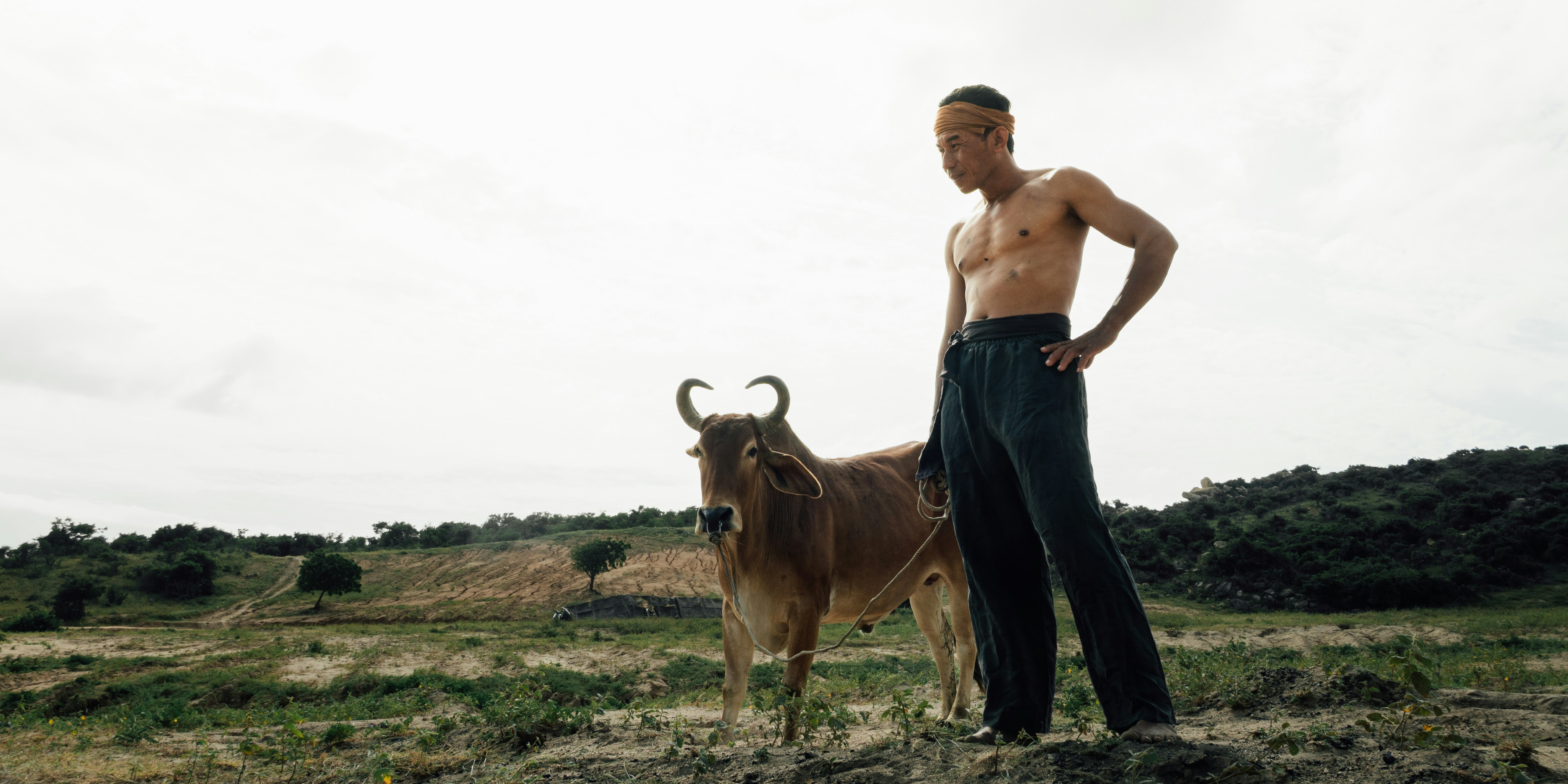 Ein oberkörperfreier Mann und der Stier stehen auf einem weiten, offenen Feld.
