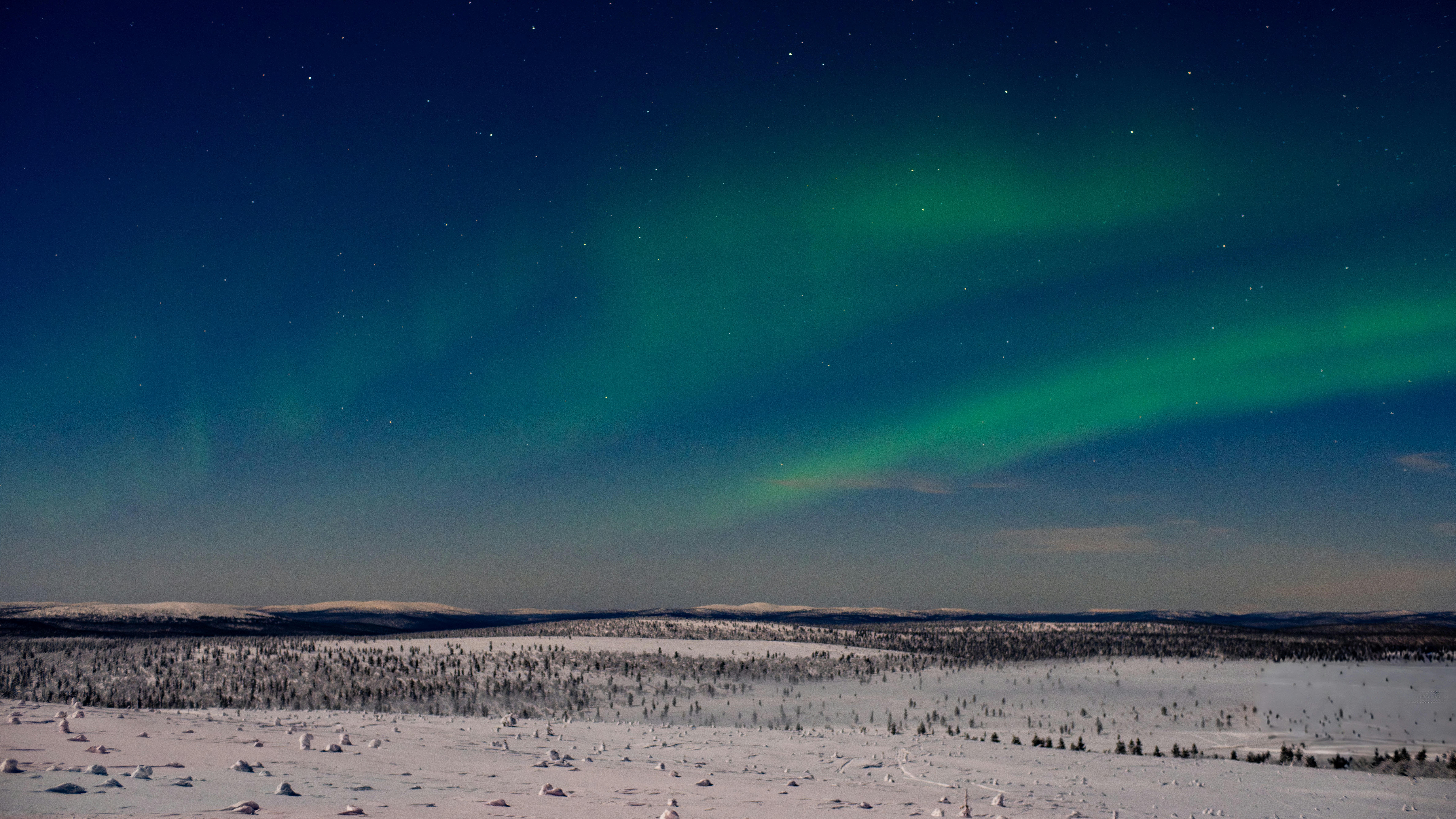 Le aurore boreali verdi illuminano un vasto paesaggio innevato di notte.