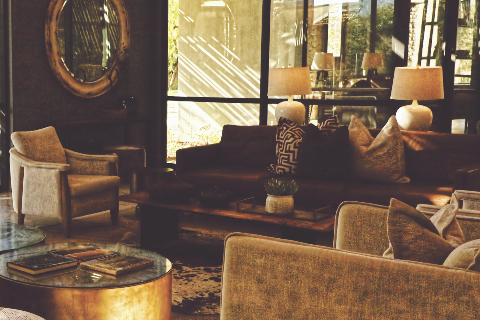 Cozy lounge with sofa and warm lamps