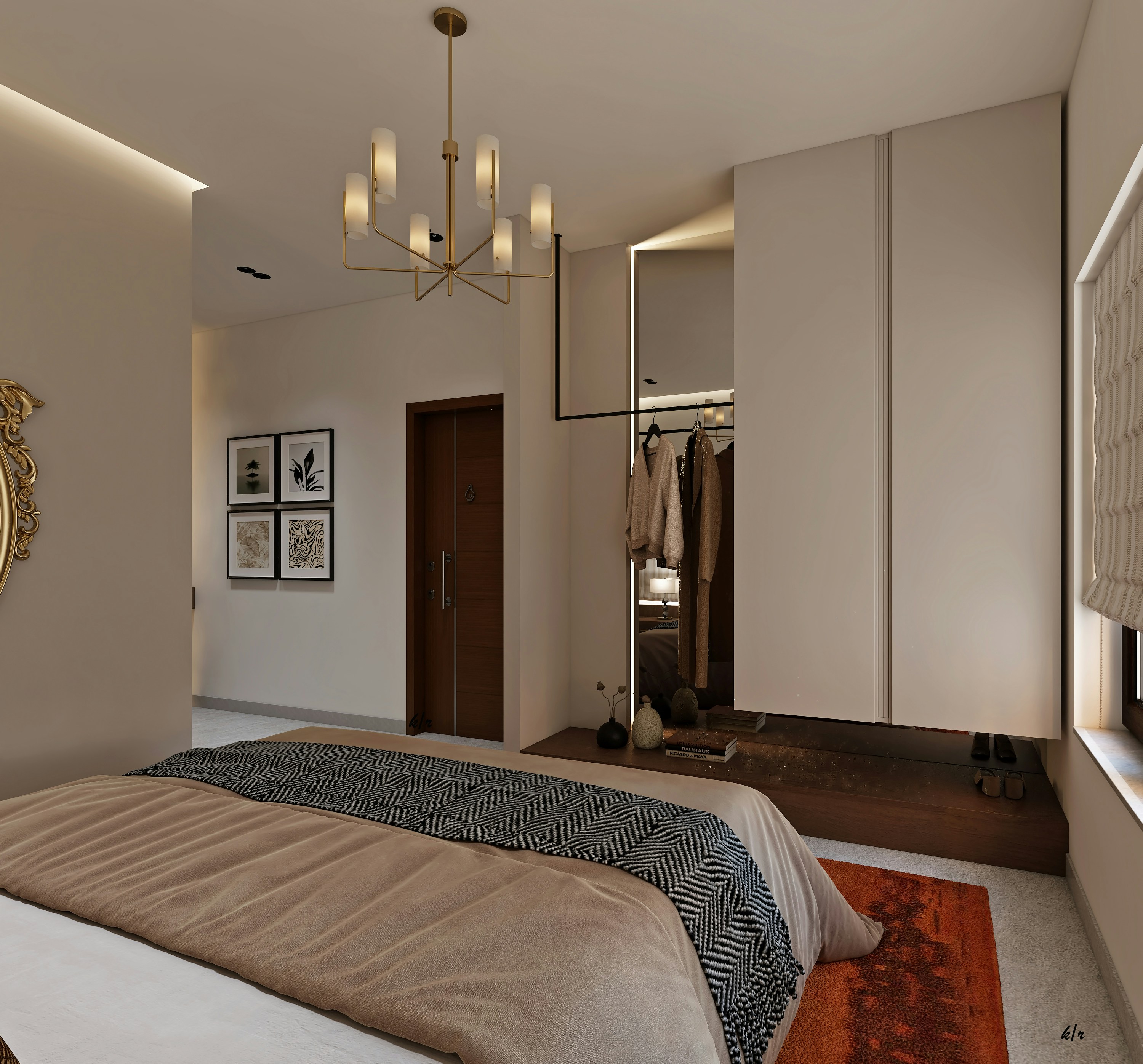 A modern bedroom with a bed, open closet, and chandelier