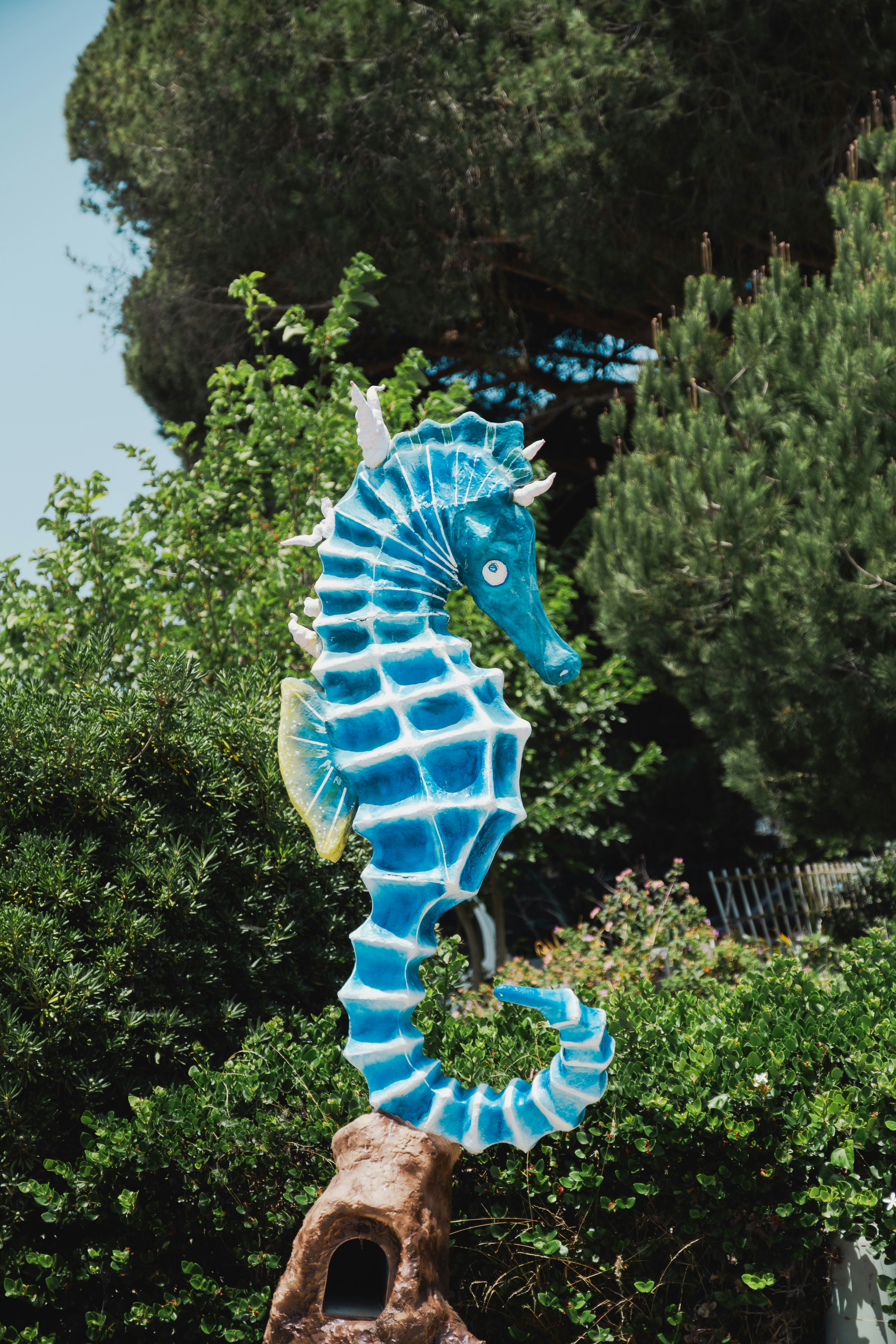 Vibrant blue seahorse sculpture surrounded by lush green foliage.