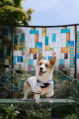 Un perro corgi en una banca en el parque con un vitral atras