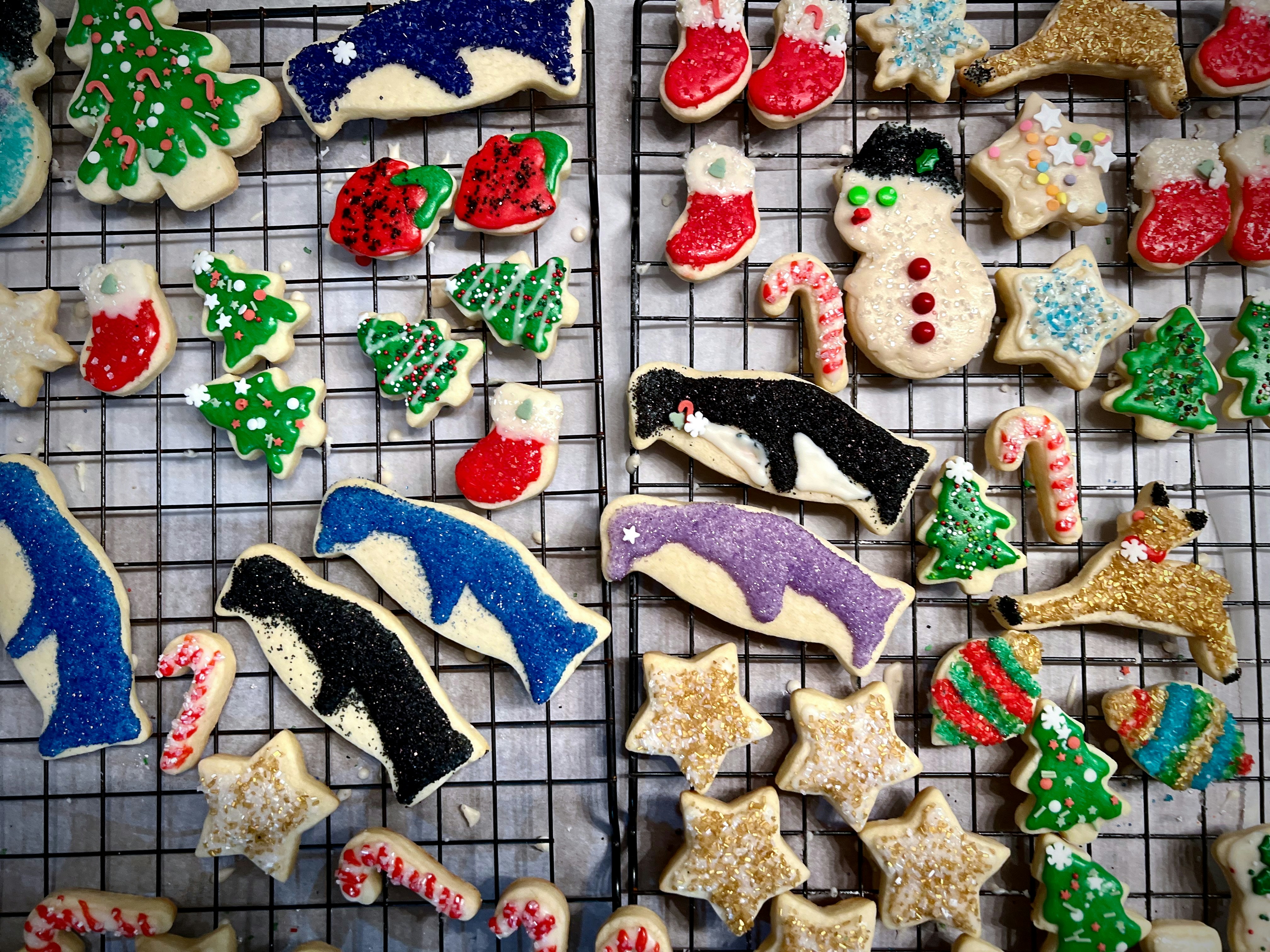 Biscotti di Natale decorati assortiti che si asciugano su una griglia metallica.