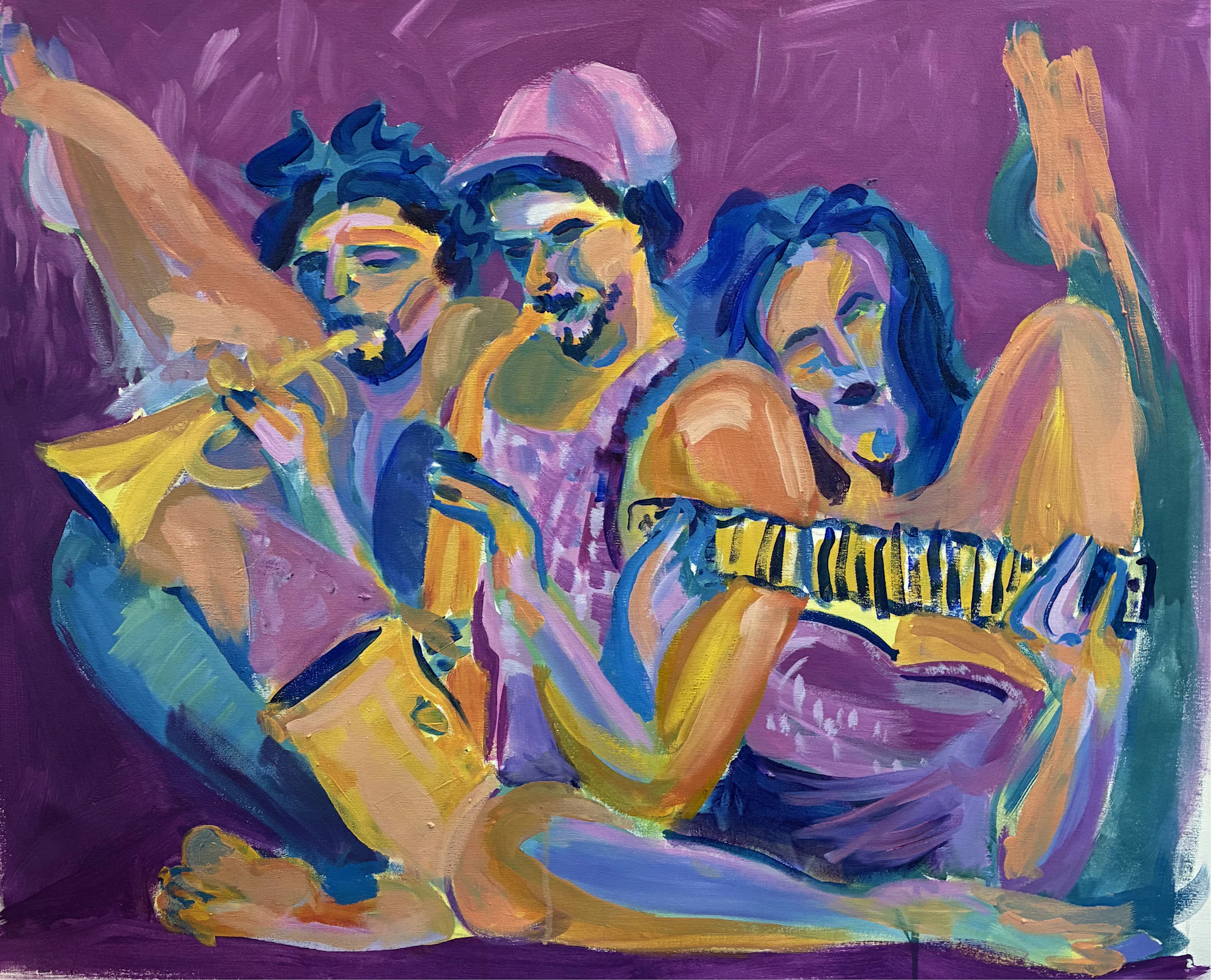 Colorful painting of three musicians playing trumpet, saxophone, and keyboard.