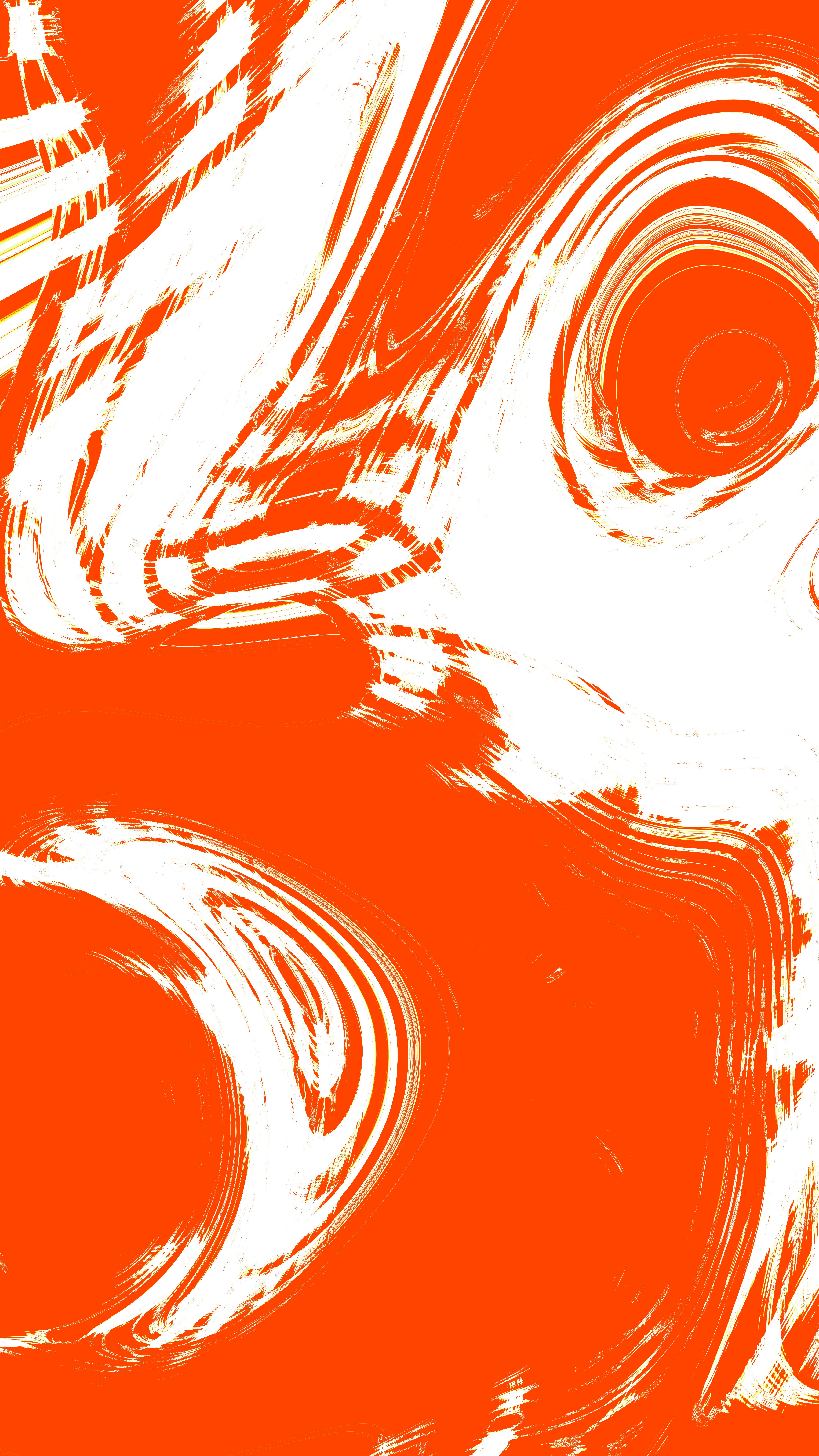 Abstract white swirls and brushstrokes on a vibrant orange background ...