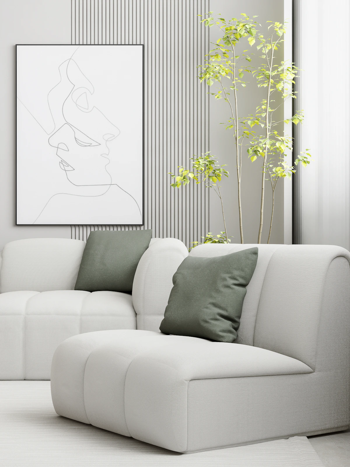 Soft white modular sofa with sculptural rounded proportions in a bright minimalist interior