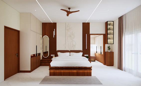 A modern bedroom with a large bed and wooden furniture