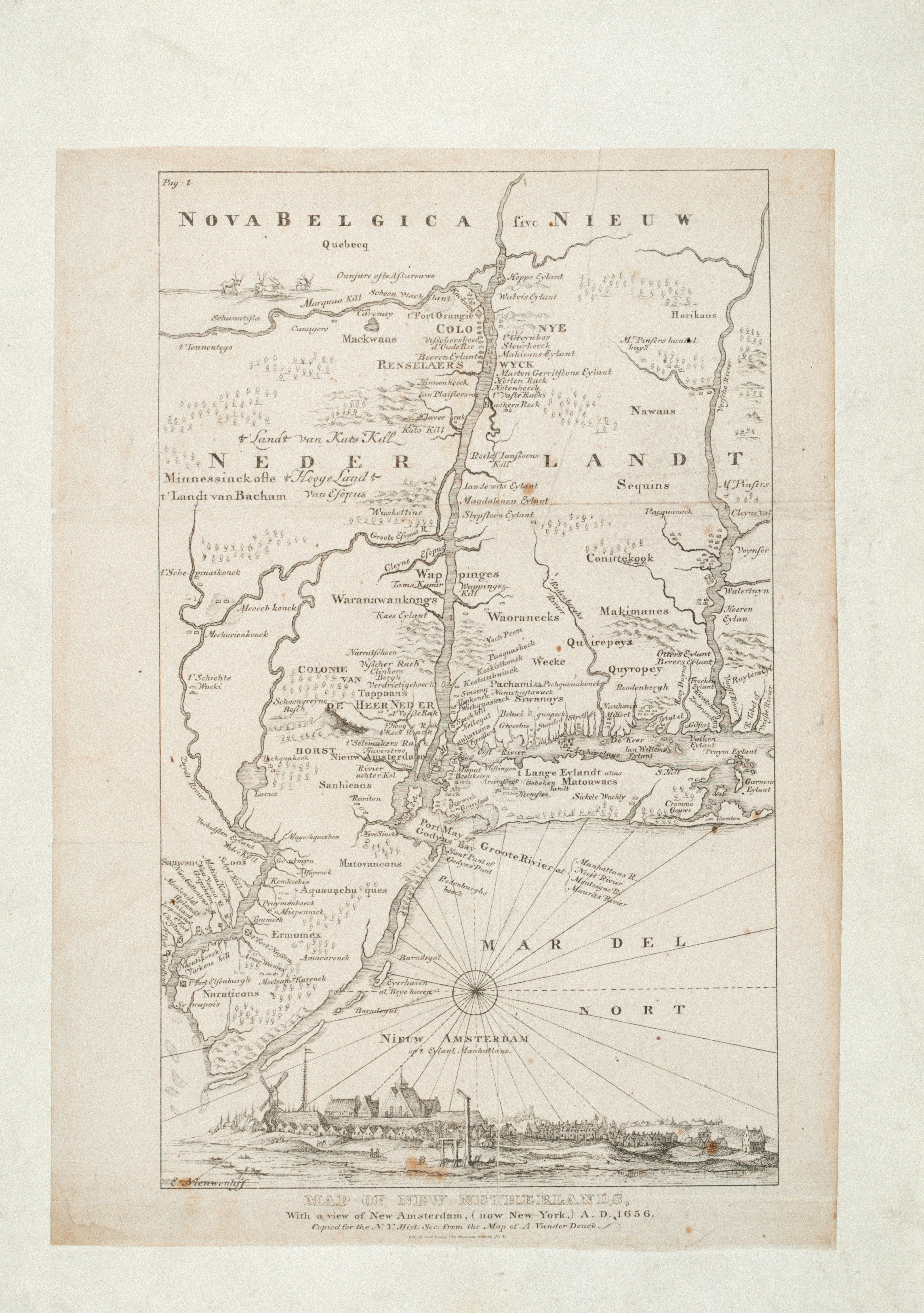 Mapa antiguo de Nueva Holanda con Nieuw Ámsterdam.