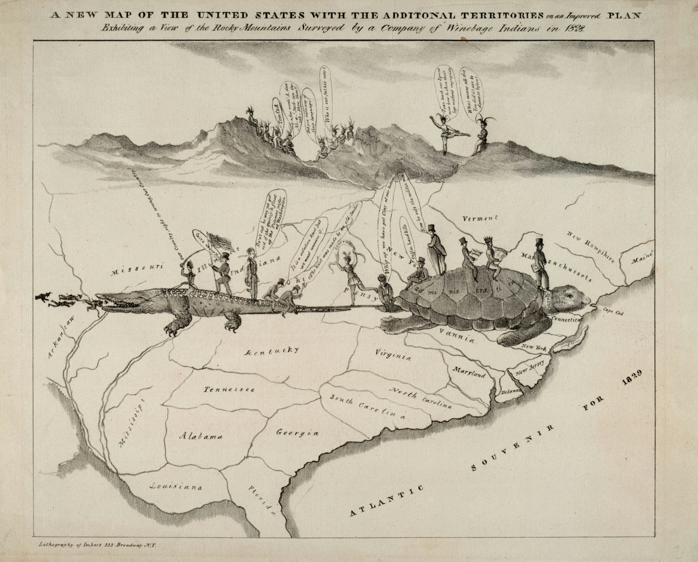Mapa de charges políticas de 1856 com crocodilo, tartaruga e figuras.