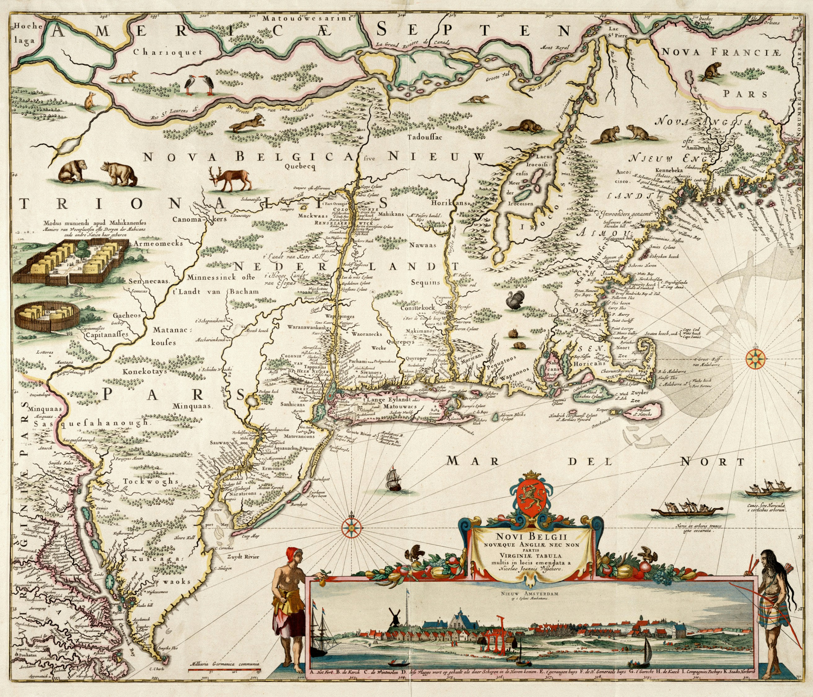 Mapa detallado del siglo XVII del noreste de Norteamérica con elementos decorativos.