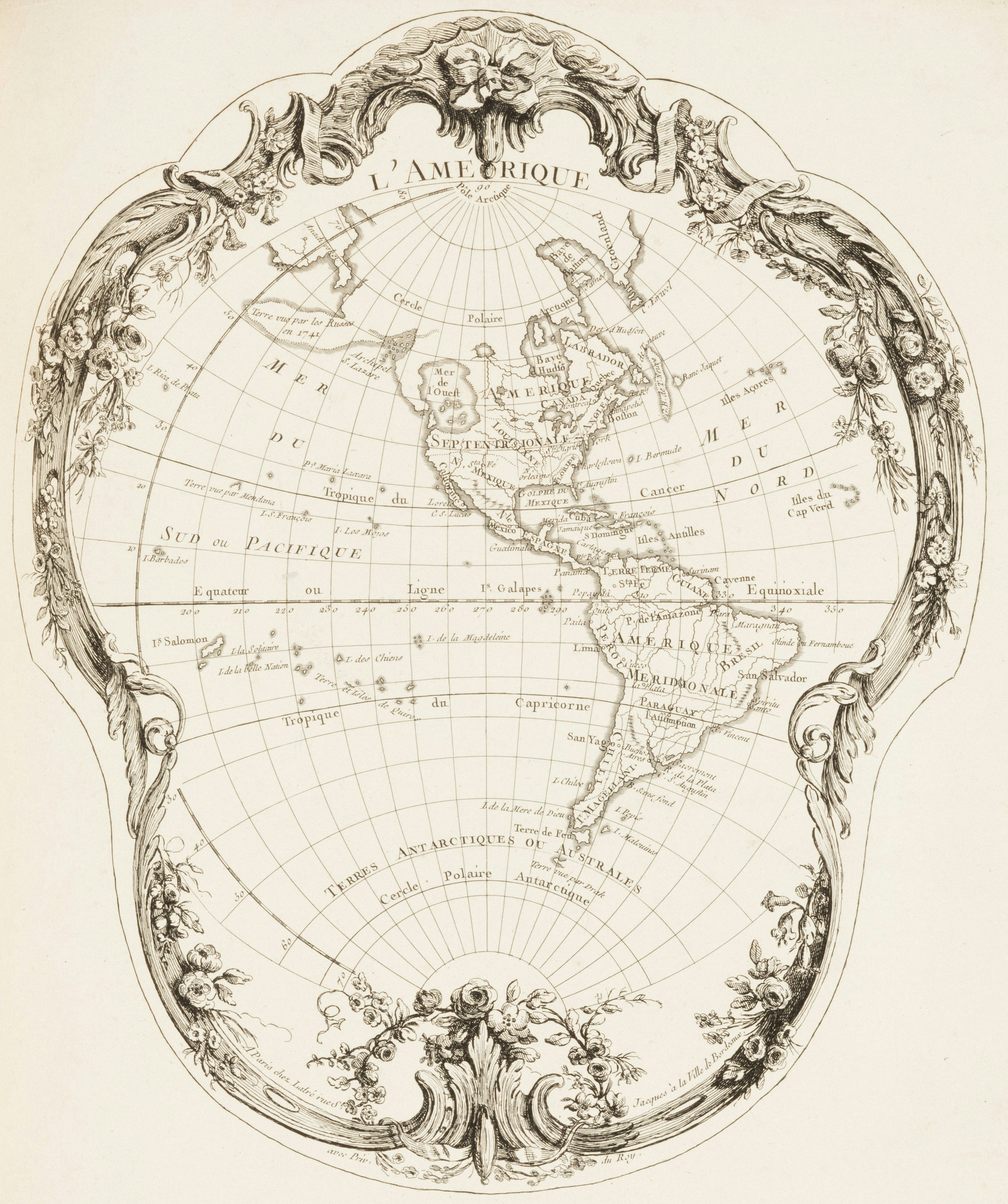 Carte ancienne de l’Amérique avec bordure décorative.