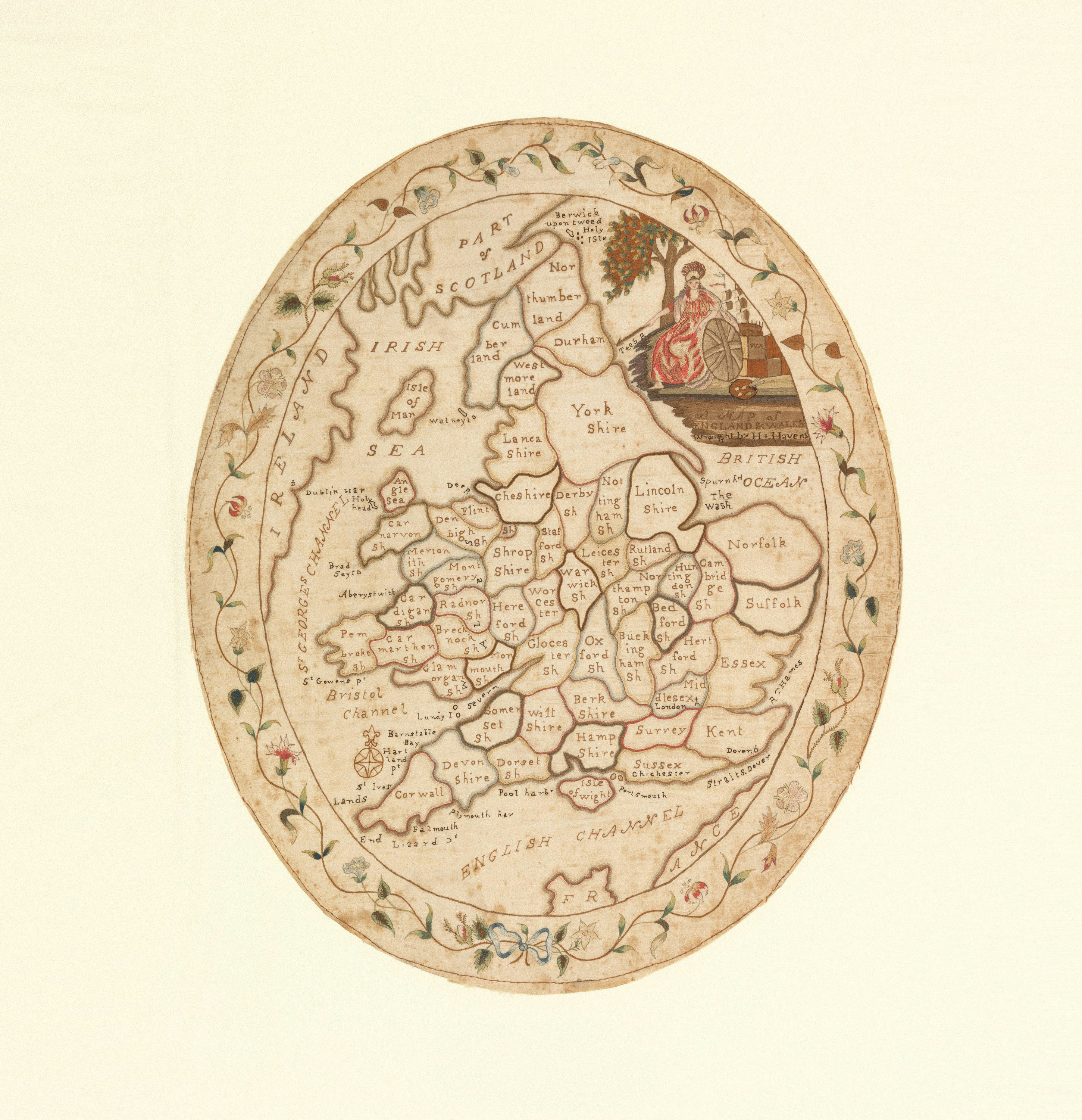 Antigo mapa oval da Inglaterra e do País de Gales com borda decorativa.